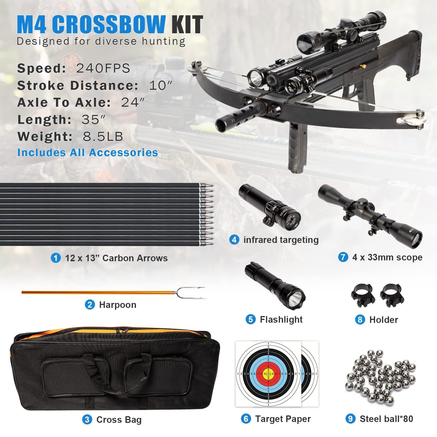 XGeek Hunting Crossbow, 100 Lbs Draw Weight, 240 FPS, Complete Set for Hunting and Fishing