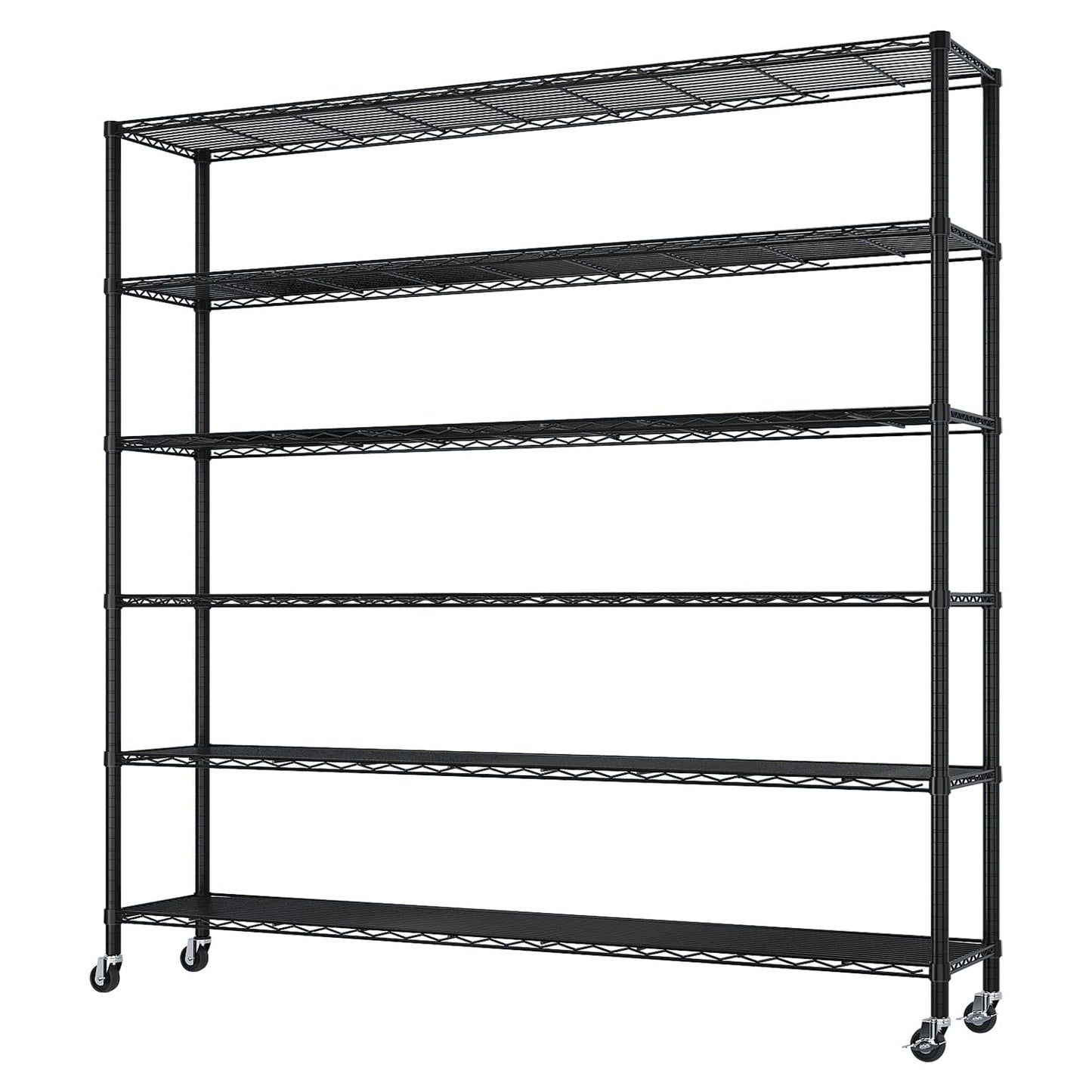 Flibaluly 150x45x213cm Industrial 6-Shelf Garage Storage Cabinet, Adjustable Utility Shelves with Casters, Powder-Coated Black Iron Heavy Duty Display Stand for Warehouse, Pantry, and Retail