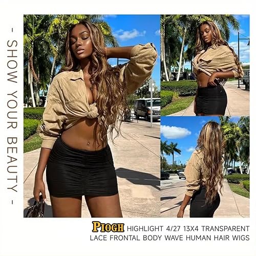 Highlight Ombre Lace Front Wig Human Hair Pre Plucked Body Wave 4/27 Colored Honey Blonde Wigs 13x4 HD Lace Frontal Wigs Human Hair 180 Density Glueless Wigs Human Hair for Women 22 Inch