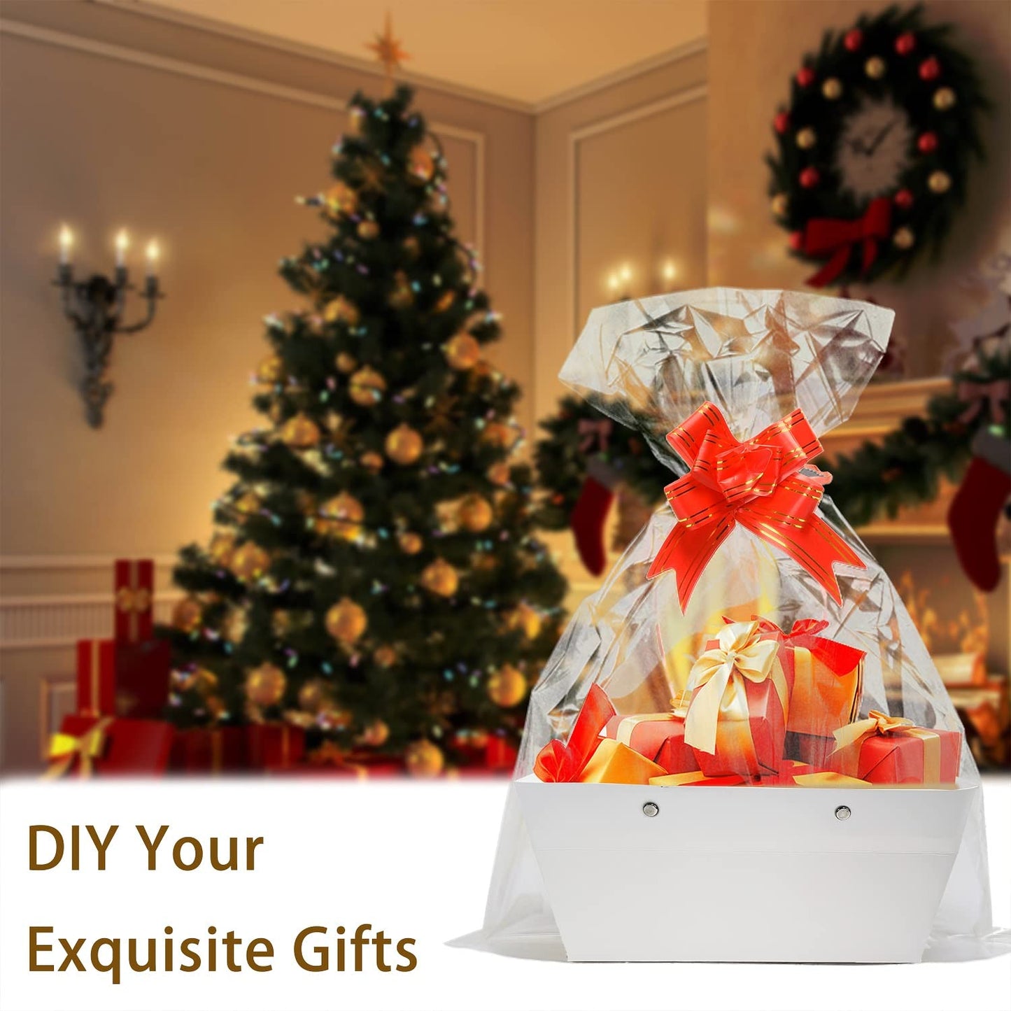 Baskets For Gifts Empty, 5 PCS White Gift Bags With Handles DIY Kit, Gift Basket Empty To Fill Bulk For Party Favors Wedding Birthday Christmas Halloween Holiday Thank You Get Well Soon