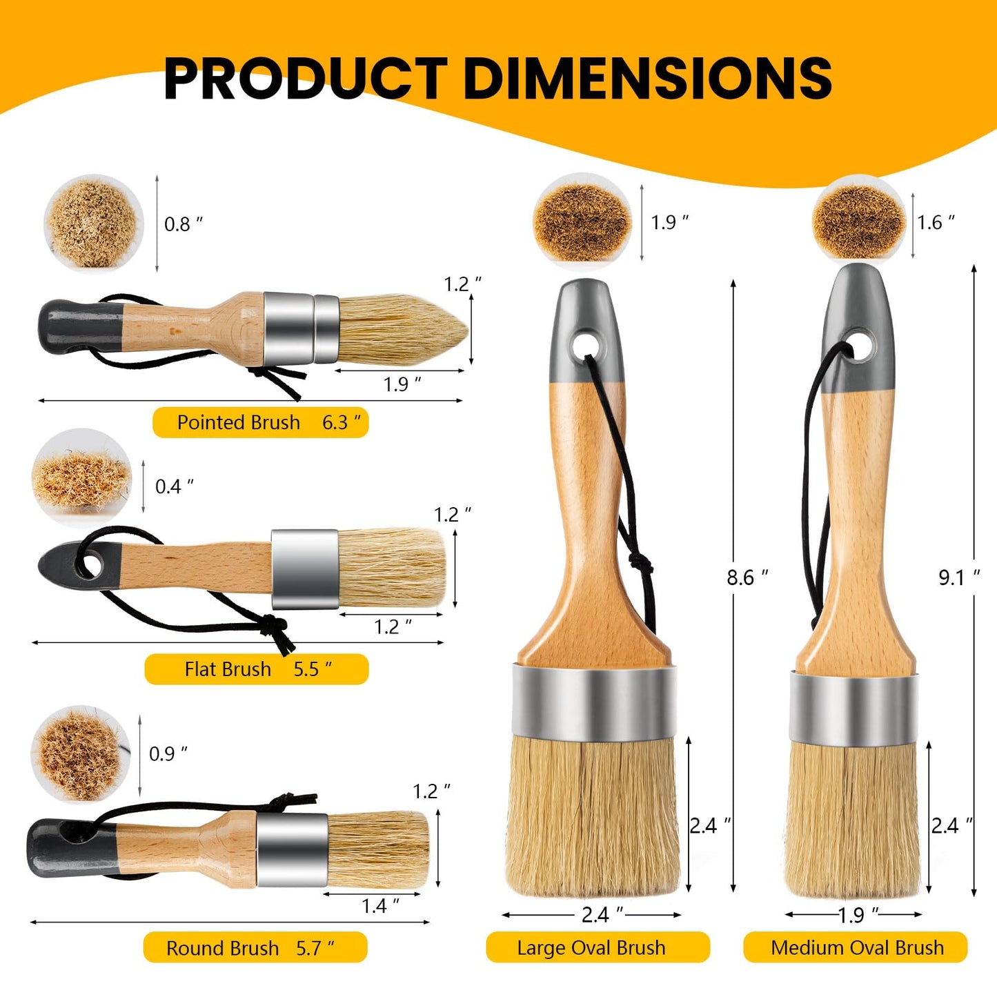 YiBaiBrush Chalk Paint Brush, Wax Paint Brush Set of 5, Wax Brushes and Chalk Paint for Furniture DIY Art Crafts, Natural Bristle Round Oval Brush for All Painting and Waxing