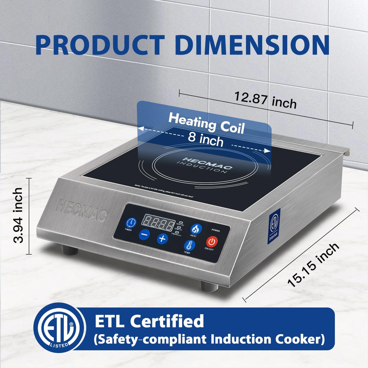 HECMAC 1800W Commercial Induction Cooktop with ETL Certified, Stainless Steel Induction Burner with Large 8" Heating Coil, Induction Cooker with Smart Temperature Control,4 Hours Timer