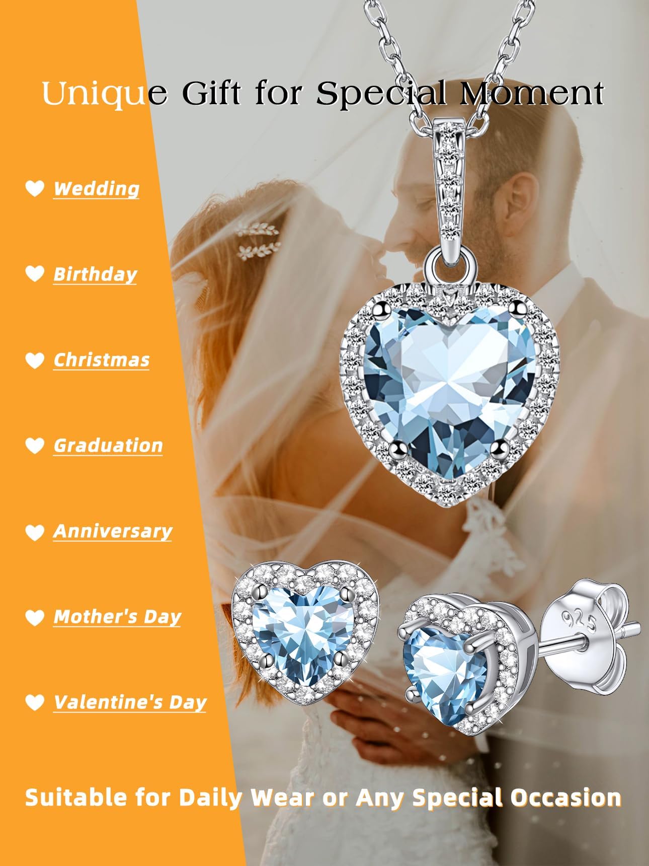 Bestyle 925 Sterling Silver Love Heart Cubic Zirconia Earrings March Aquamarine Birthstone Stud Earrings for Women, Hypoallergenic Earrings for Sensitive Ears