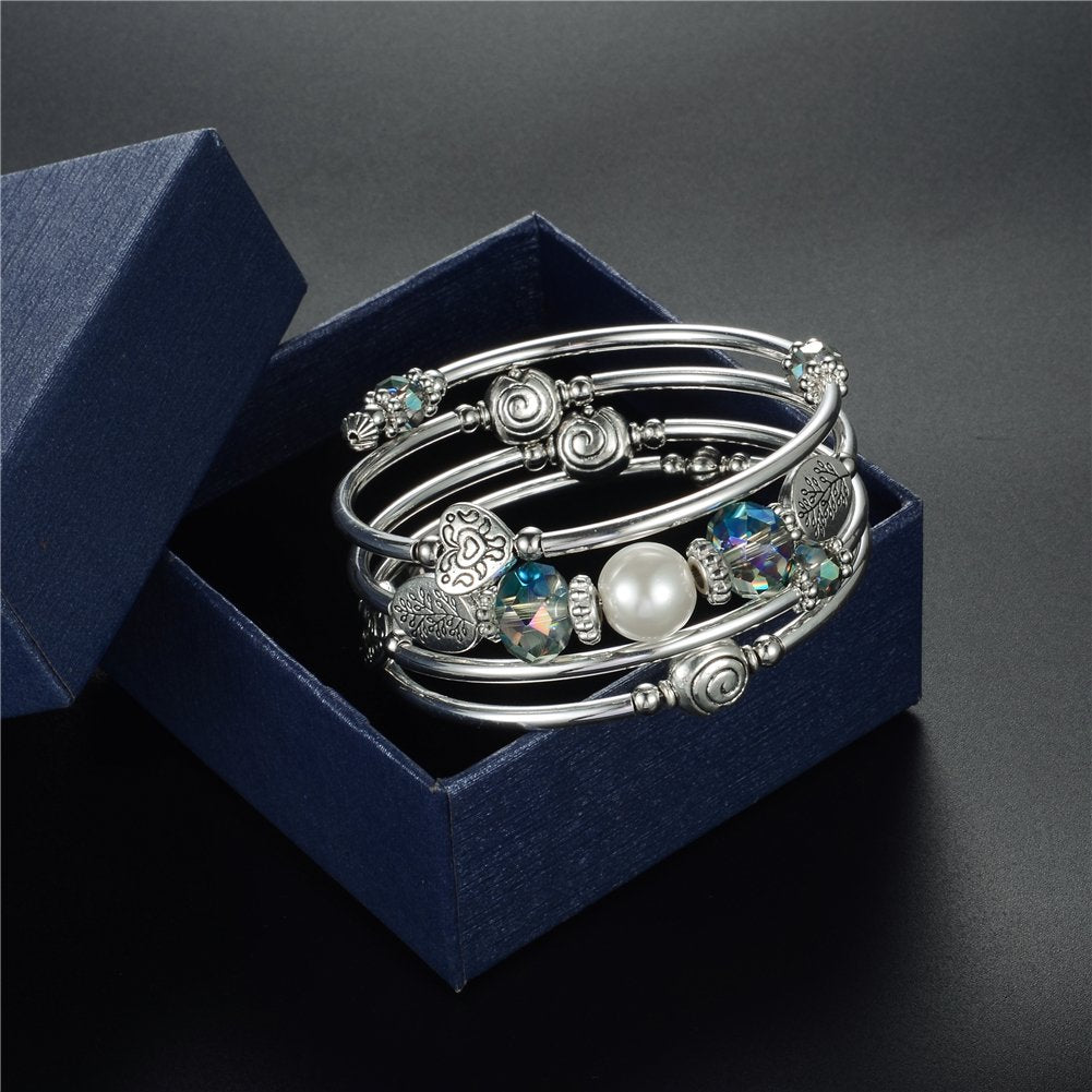 PEARL&CLUB Bead Crystal Wrap Bangle Bracelet - Fashion Jewelry Beaded Bracelet with Silver Metal, Gifts for Women(92-Green)