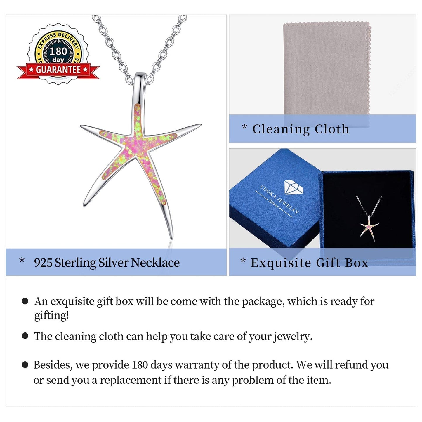 Cuoka Starfish Necklace, 925 Sterling Silver with Pink Opal, Hawaiian Beach Nautical Ocean Pendant, Starfish Jewelry Opal Jewelry Valentine for Women Girlfriend