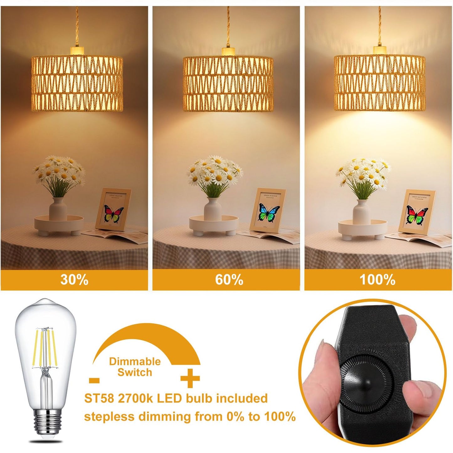 Vannise Dimmable Boho Hanging Lights with Plug in Cord 14.7ft,2 in 1 Shade Plug in Pendant Light Rattan Hanging Lamp with E26 Bulb, Long Lasting Wicker Plug in Pendant lamp Fixture for Living Bedroom