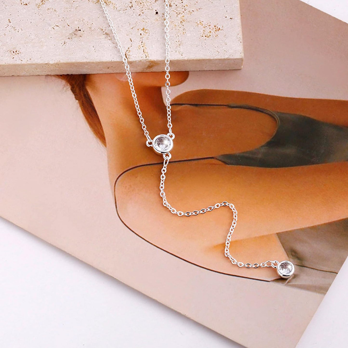 Airmb Lariat Silver Necklace for Women, Dainty Long Necklace Silver Y-Shaped Pendant Necklaces Trendy Chain CZ Drop Necklaces Jewelry for Women Gifts