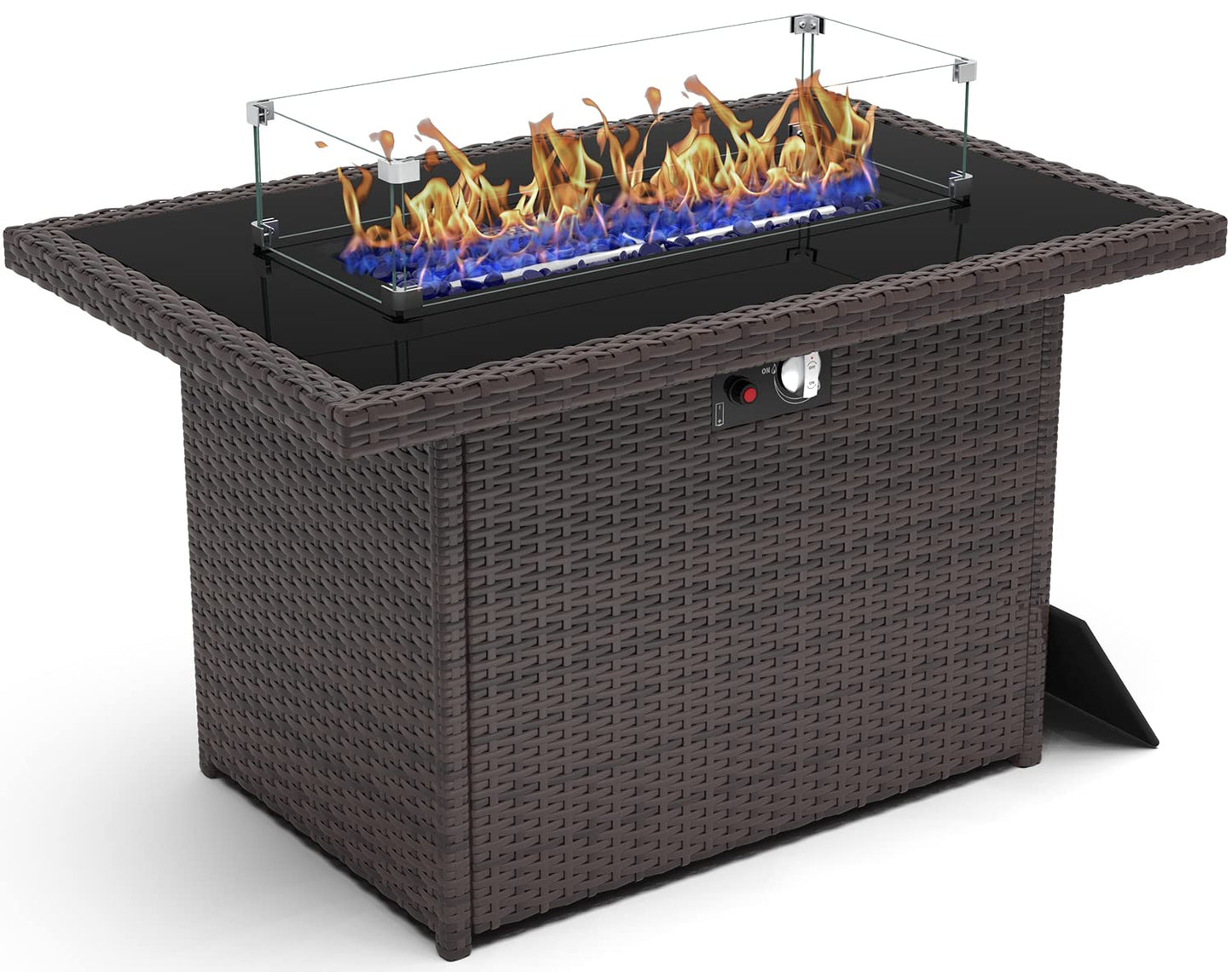 KHOLH 44 Inch Propane Gas Fire Pits Table for Outside Patio, 60000 BTU Rectangular Outdoor Wicker Rattan Fire Pit with Glass Wind Guard