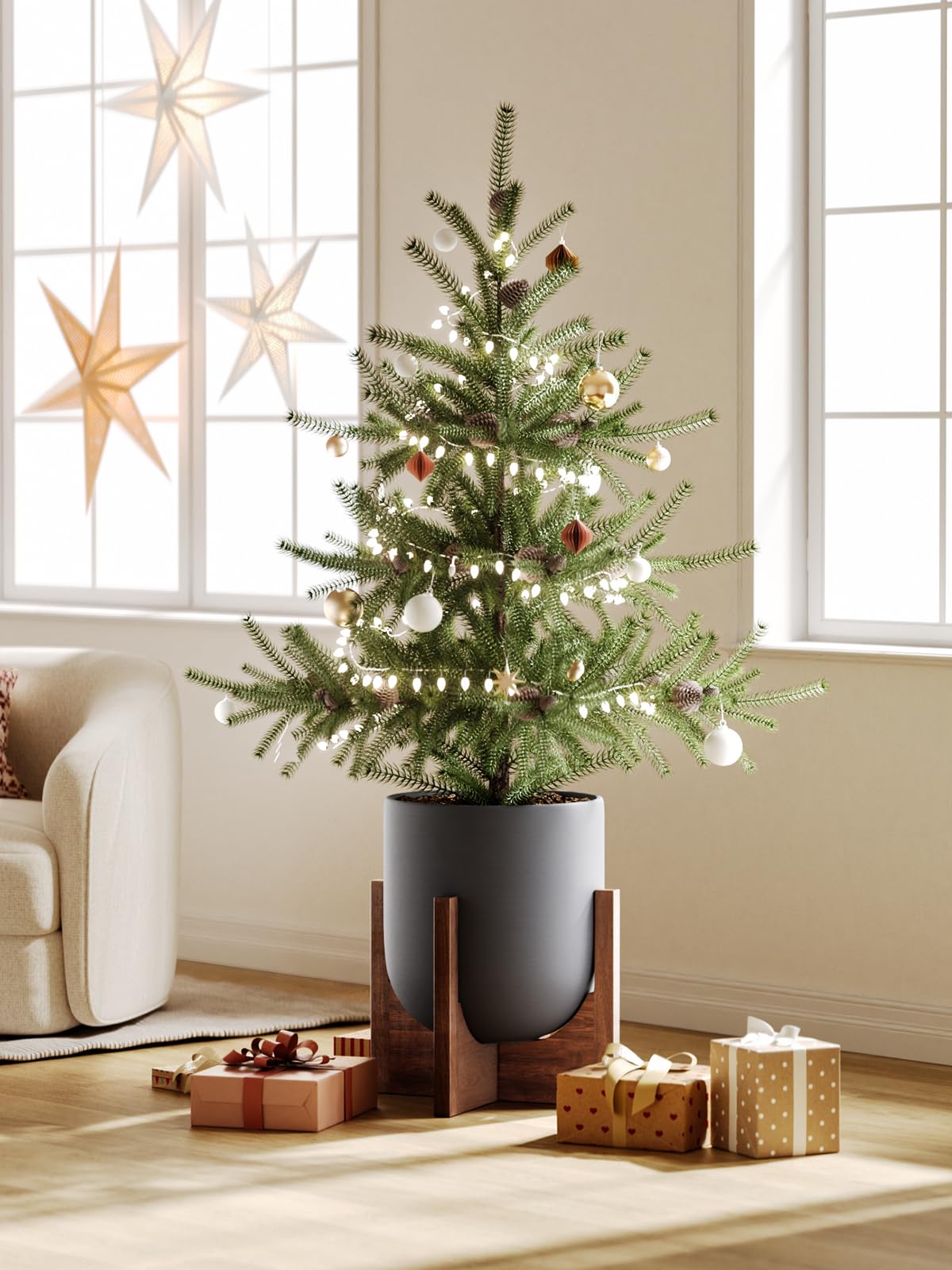 LE TAUCI 12 Inch Planter with Acacia Wood Stand, Ceramic Large Plant Pot for Indoor Plants, Cylinder Pots with Drainage Hole and Plug, Charcoal Gray