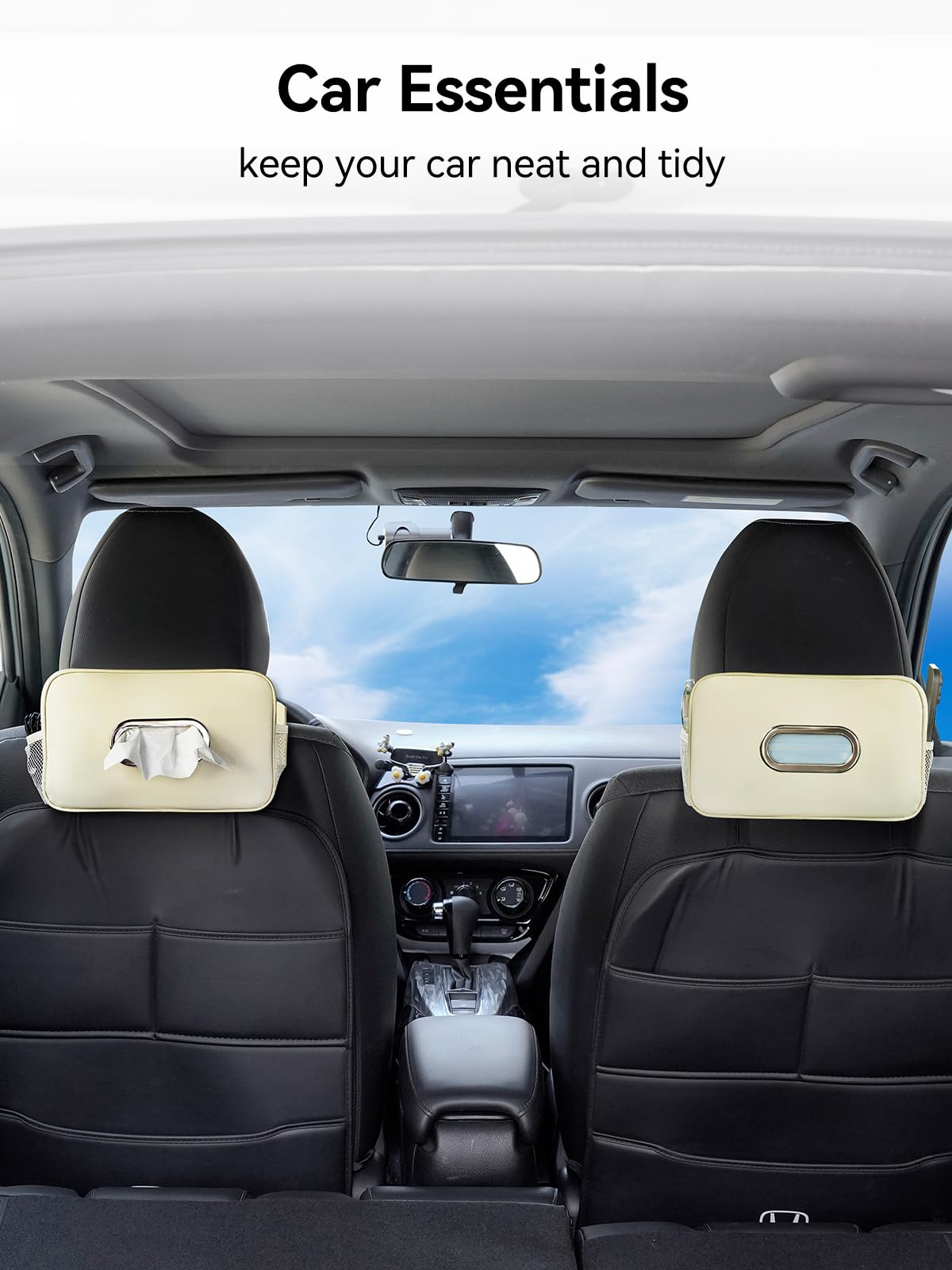 2 Pack Multi-Functional Car Tissue Holder with 2 Tuck Nets, Upgraded PU Leather Tissue Box Cover, Large Rectangle Napkin Storage Organizer, Keep Car Tidy, Beige