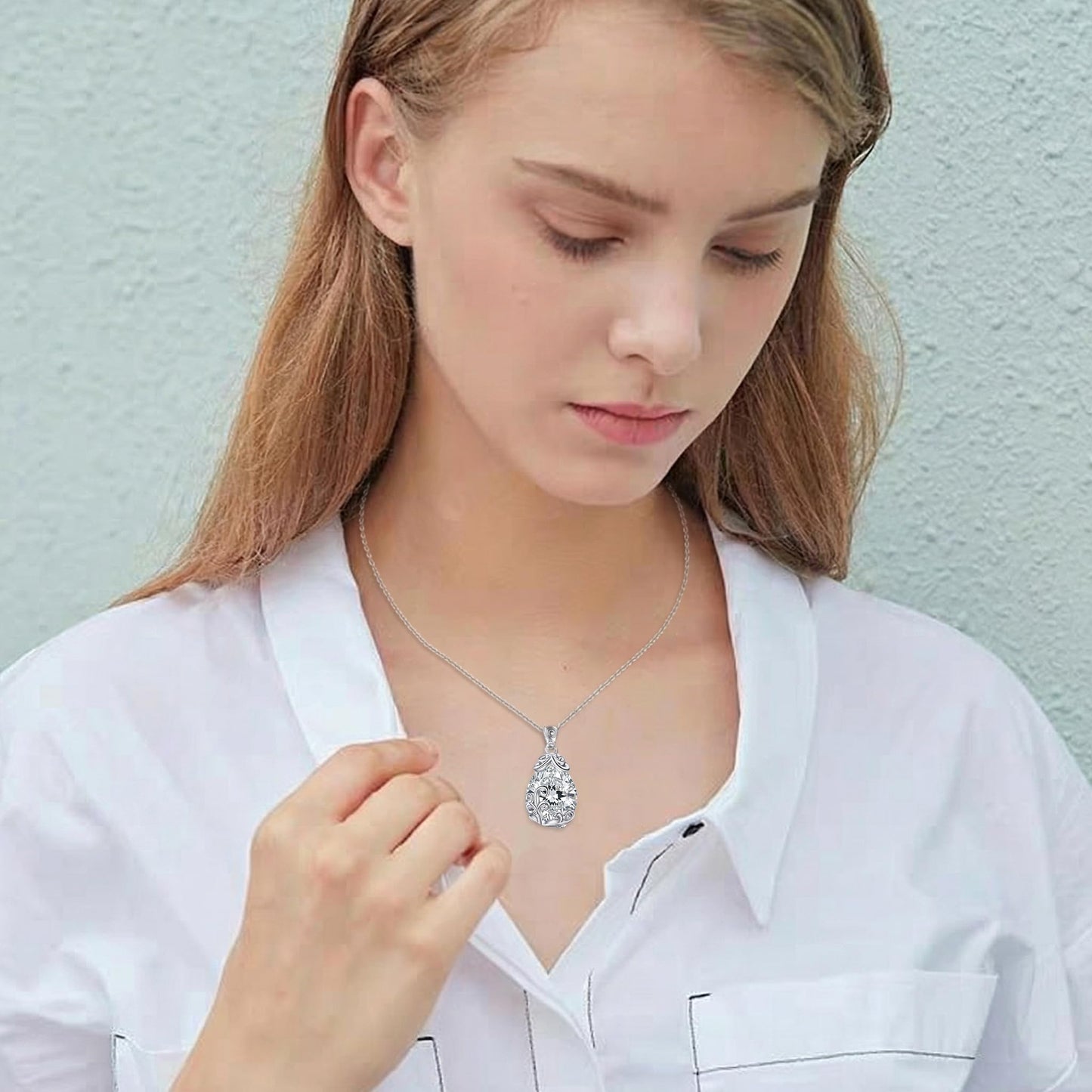 POPLYKE Sterling Silver Birthstone Filigree Teardrop Necklace Filigree Pendant Jewelry Gifts for Women