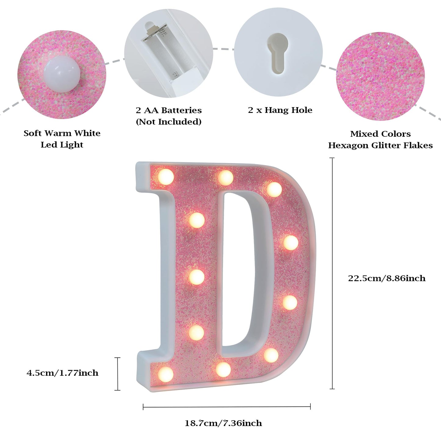 Light Up Pink LED Letters Glitter Alphabet Letter Sign Lights, Battery Powered for Night Birthday Party Wedding Girls Gifts Home Bar Christmas Decoration, Pink Letter D