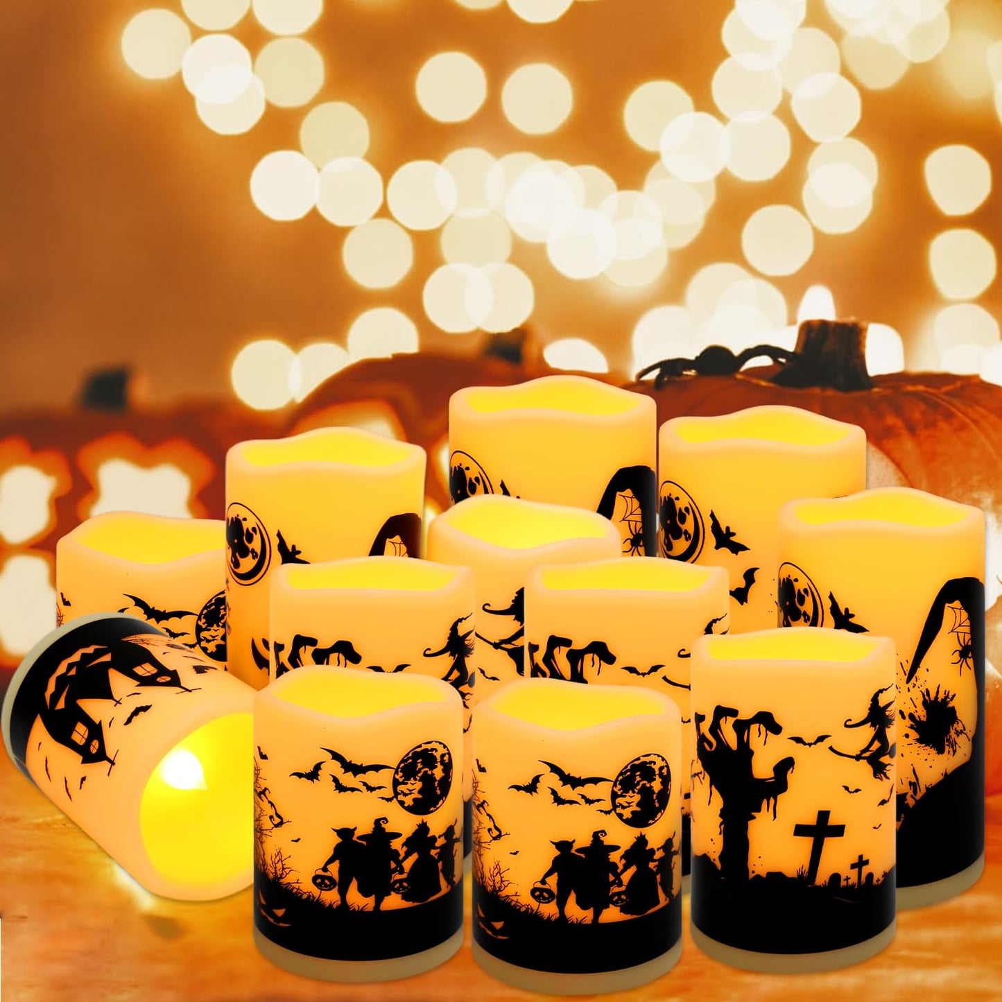 CLTNIKET 12-Pack Halloween Ink Painting Large Electronic Waxes with Remote Control, Flameless LED Candles for Halloween Spooky, Halloween Ambient Sense Artifacts.