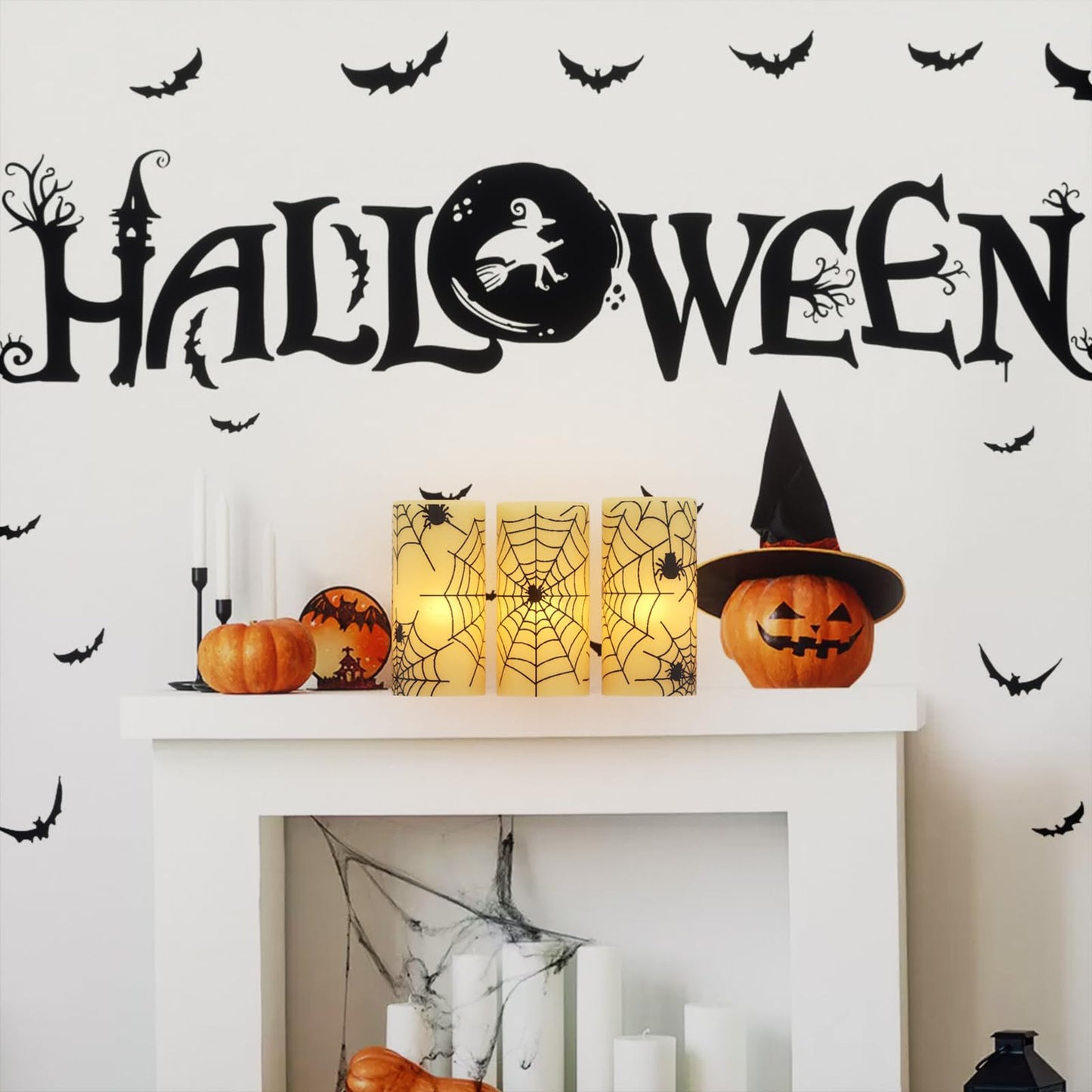 Wondise Halloween Flickering Flameless Candles with Spider Decals, Battery Operated Candles with 6hrs Timer, Real Wax Halloween LED Candles for Horror Spooky Halloween Home Decoration(Set of 3, 3"x6"")"