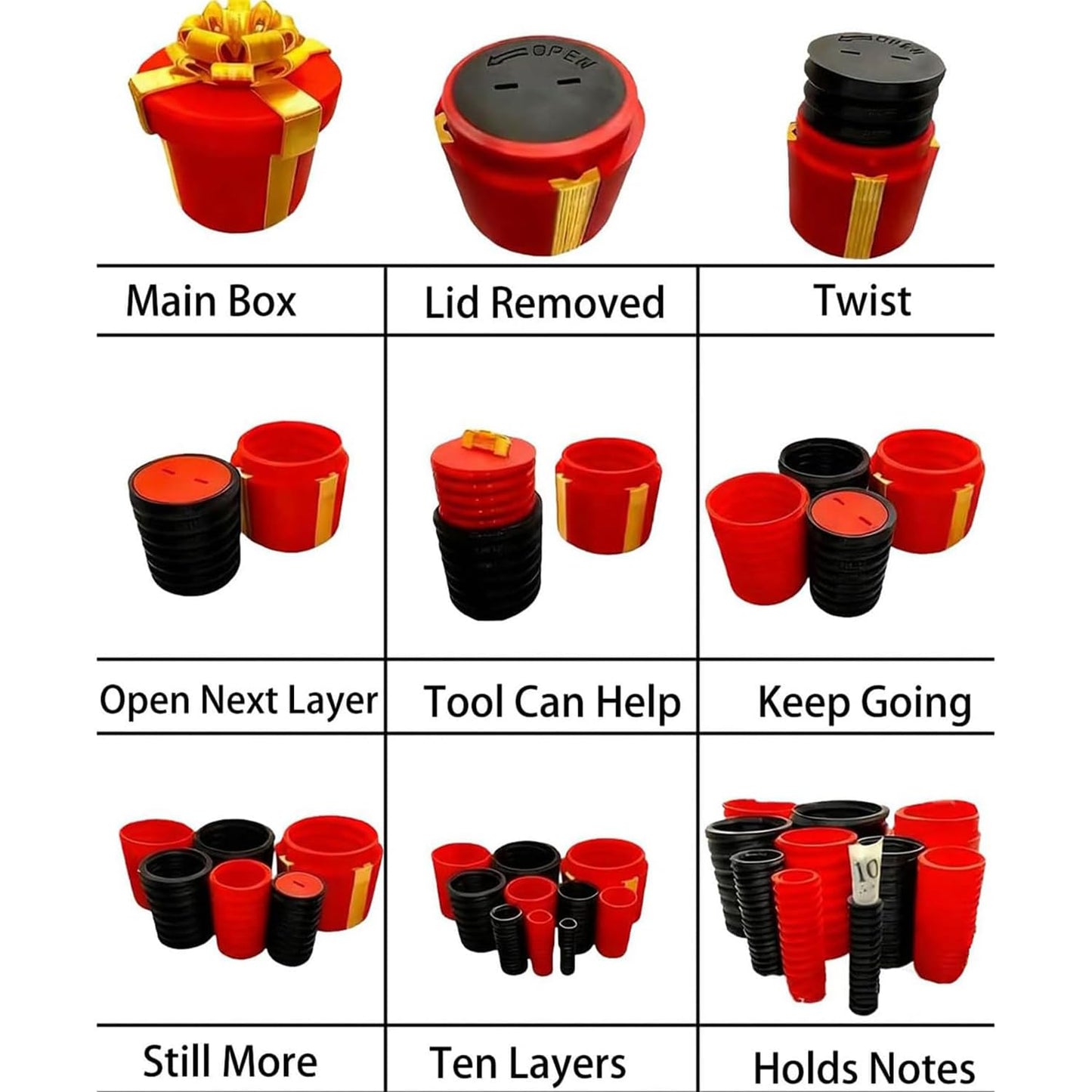 Annoying Nested Screw Gift Box, Annoying Gift Box, 10 Layer Reusable Prank Gifts Boxes for Cash and Small Surprises,Funny Money Puzzle Boxs for Birthday Christmas White Elephant Party (Red Gold)
