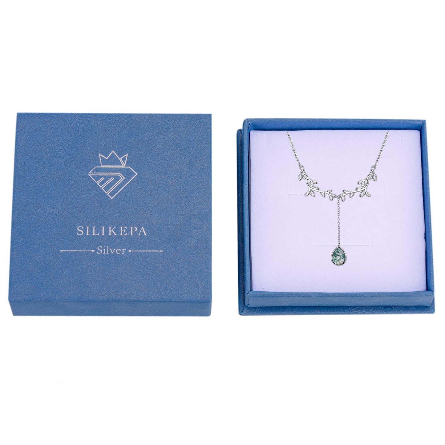 Silikepa Leaf Necklace for Women 925 Sterling Silver Leaf Pendant Necklace Y Chain with Moss Agate Jewelry Gifts for Women