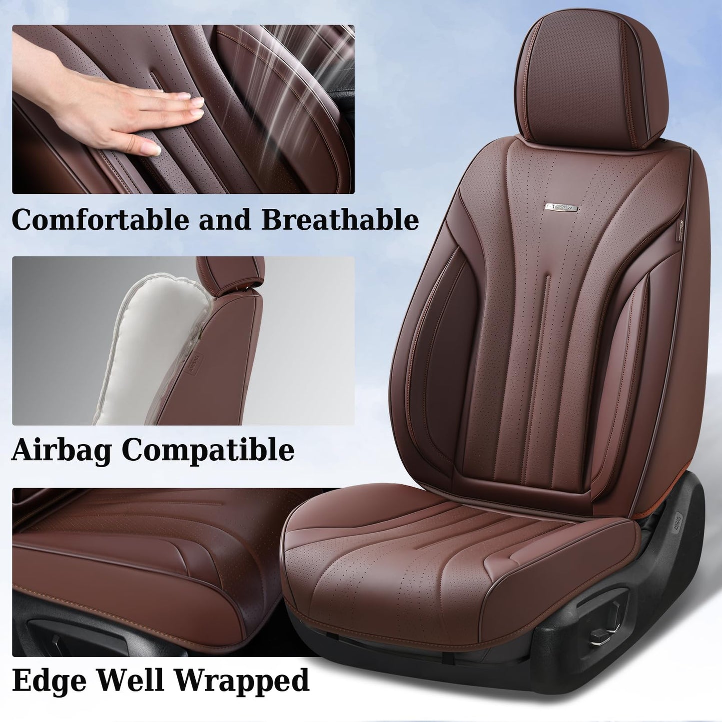 Coverado Front and Back Car Seat Covers, Leather Seat Cover for Cars, Automotive Seat Cover Full Set, Waterproof Universal Seat Cover, Luxury Car Seat Protector Seat Cushion Fit Most Cars, Coffee
