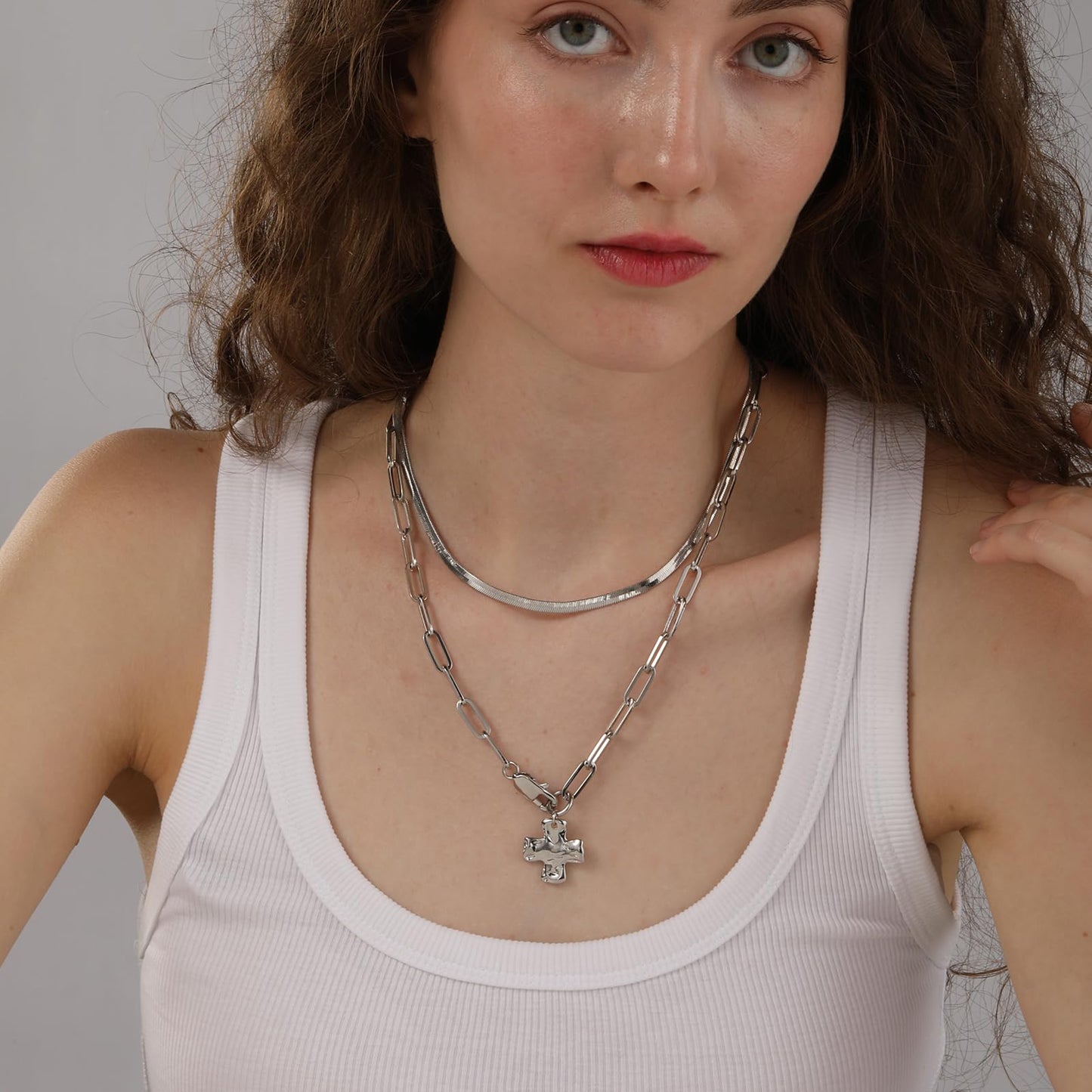 Bheop Chunky Cross Necklace for Women Trendy Silver Layered Statement Cross Pendant Charm Necklace Vintage Paperclip Herringbone Snake Choker Chain Costume Jewelry Set Gift Non Tarnish