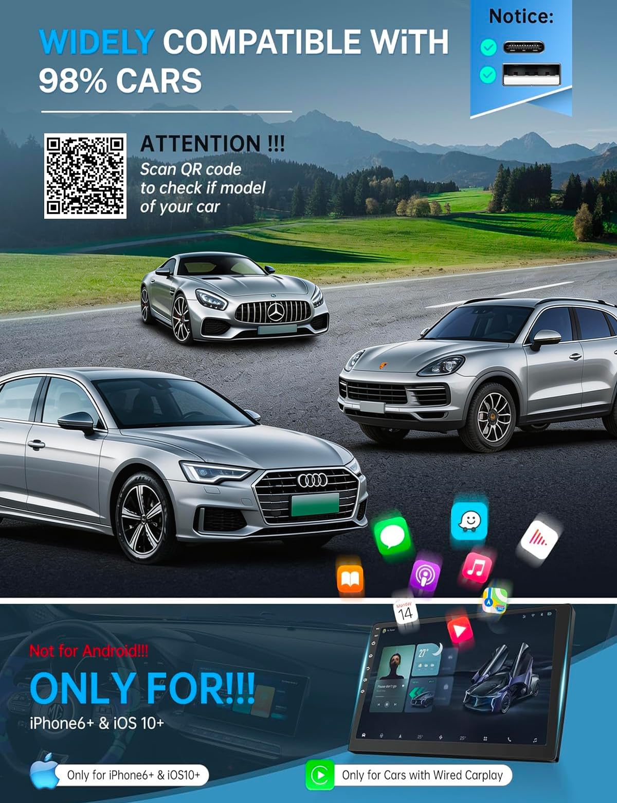 2026 Wireless CarPlay Adapter for iPhone & Android Auto Mini Wired to Wireless Apple Car Play Adapter Plug & Play Compatible for iPhone iOS 10+ Android 11+ with After 2016 Cars