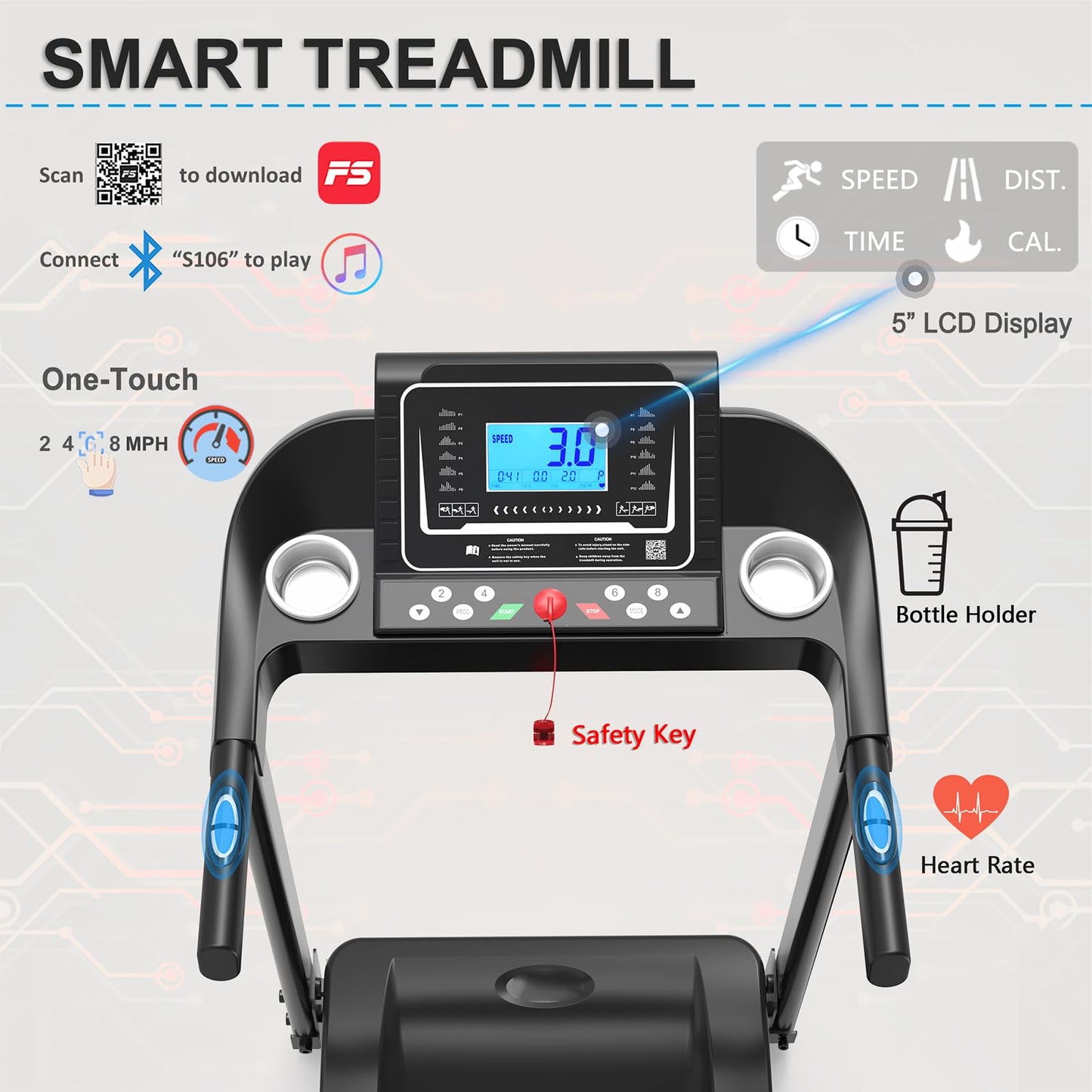 Home Foldable Treadmill with Incline, Folding Treadmill for Home Workout, Electric Walking Running Treadmills Machine 5" LCD Screen 250 LB Capacity Bluetooth Music