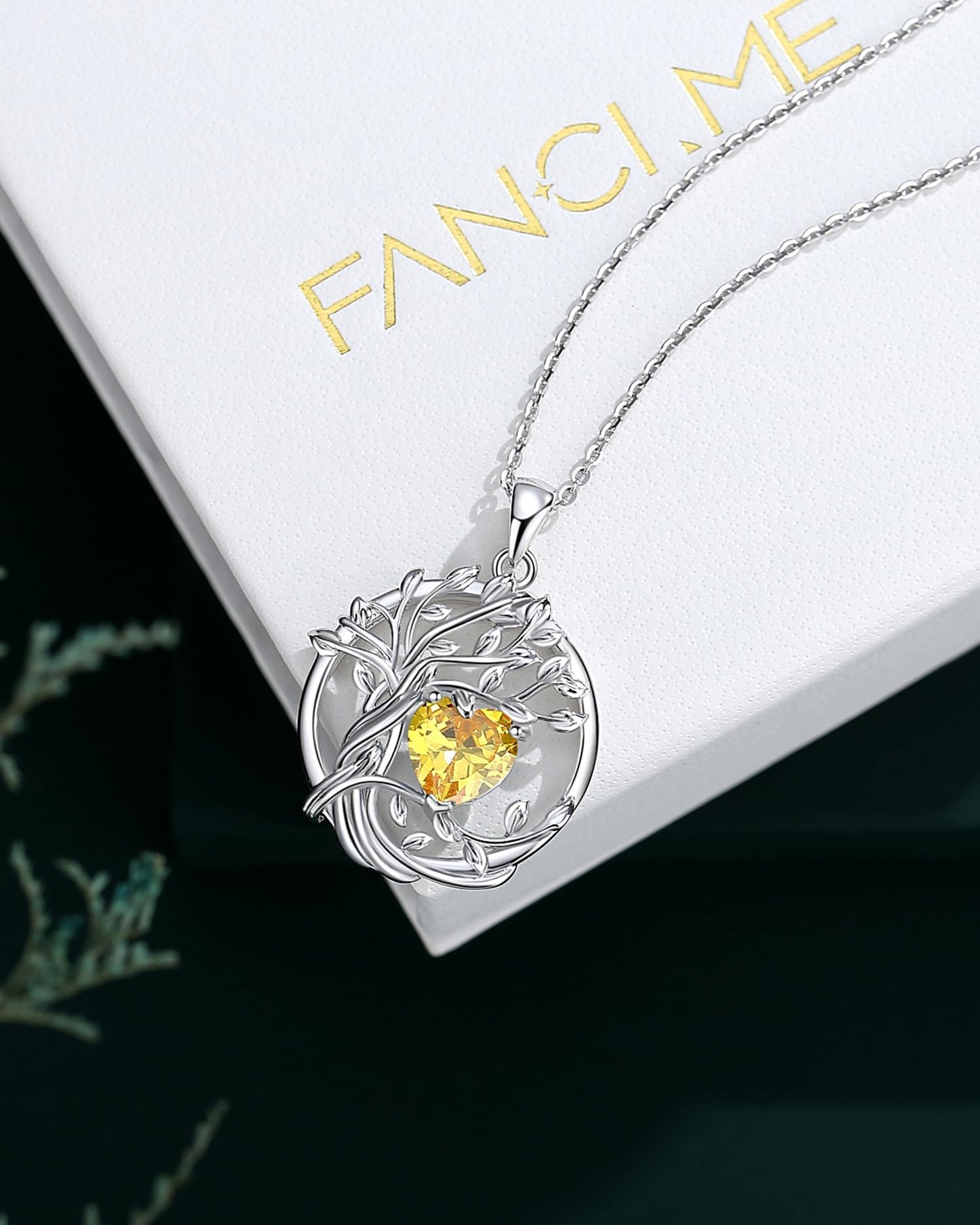 FANCIME Tree of life November Birthstone Necklace for Women Sterling Silver Tree Jewelry Natural Citrine Pendant Yellow Topaz Gemstone Anniversary Birthday Christmas Gifts for Wife Mom Her