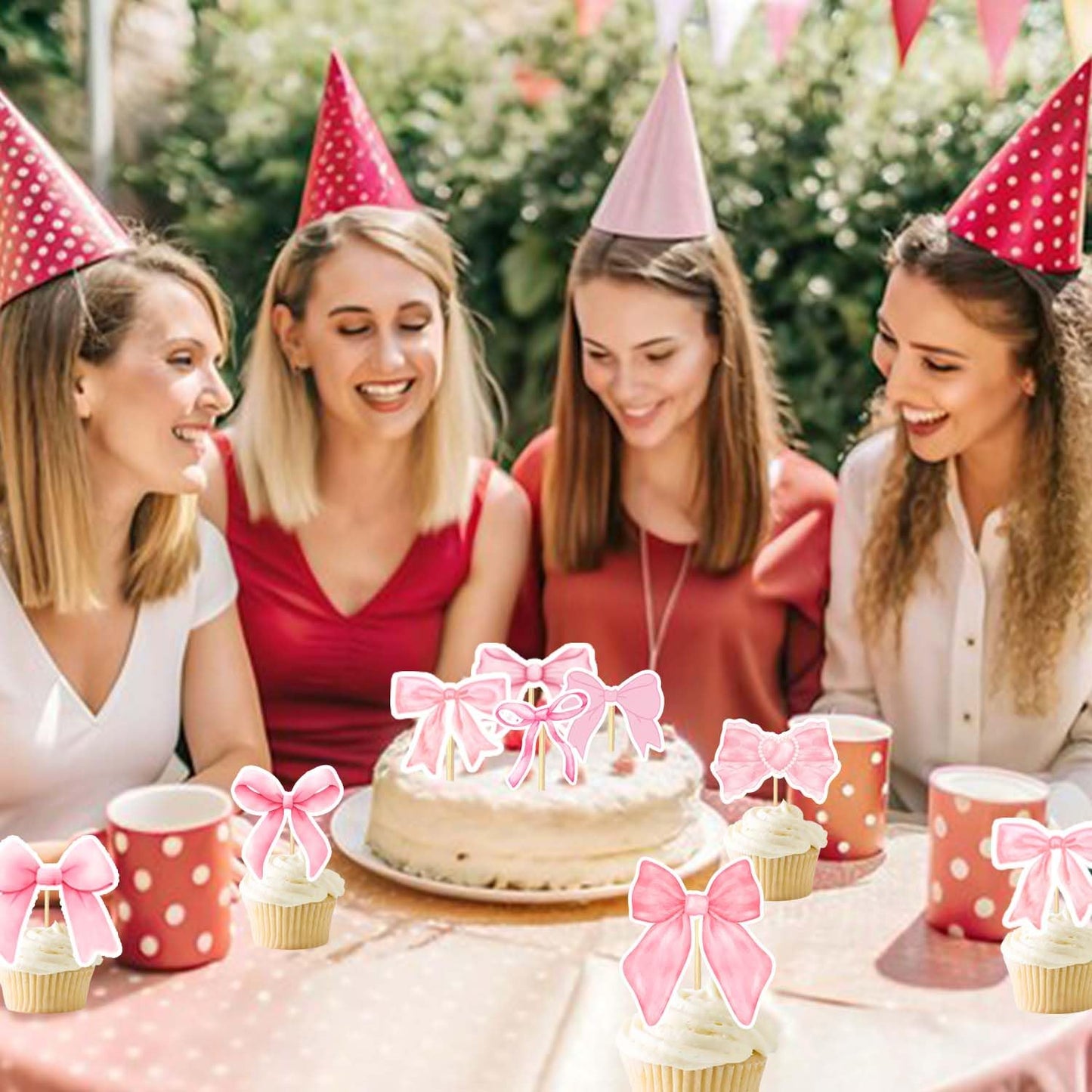 24PCS Coquette Bow Cupcake Toppers, Pink Bow Coquette Birthday Cake Decorations for Bachelorette Bridal Engagement Wedding Girl Baby Shower Bow Theme Party Decor