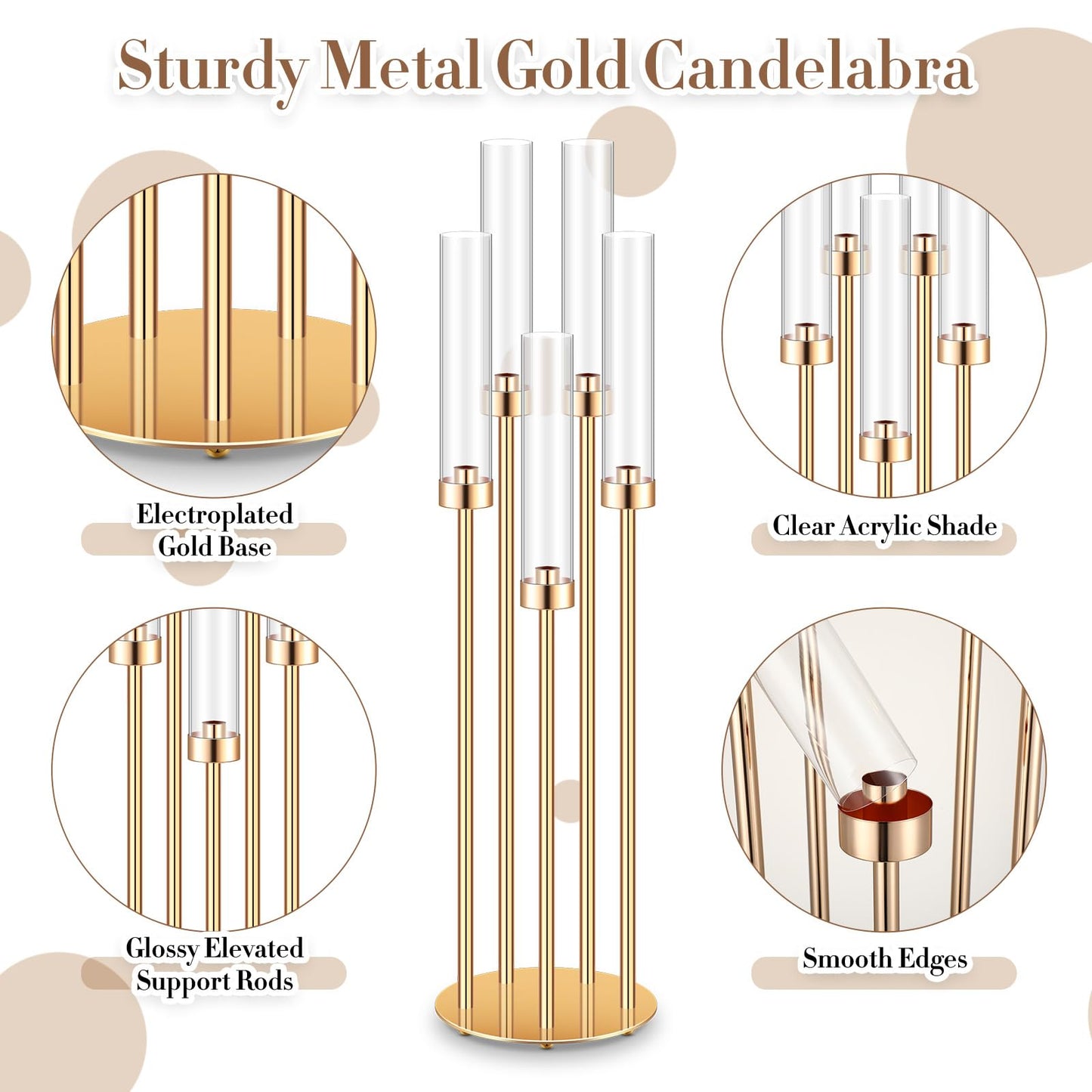 Tandefio 8 Pcs Acrylic Candelabra Centerpieces 35" Tall Clear Candle Holders Pillar Taper Candlestick with Lampshades 5 Arm Floor Candelabra Stand for Wedding Christmas Ceremony Dinner Party"