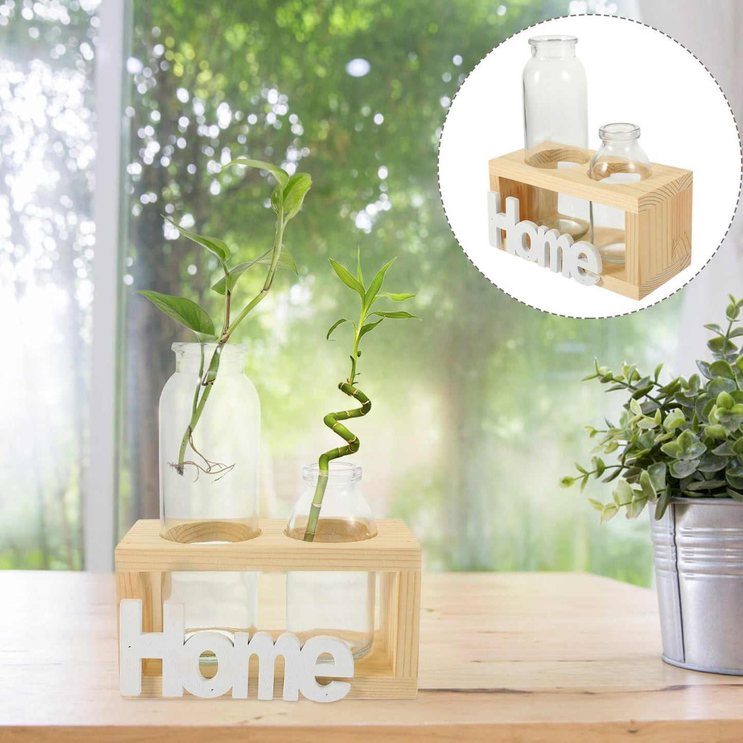 PRETYZOOM Glass Vase with Wooden Stand, Hydroponic Plant Terrarium Planter for Indoor Home Décor, Nordic Style Tabletop Glass Planter Set with 2 Vases for Water Propagation