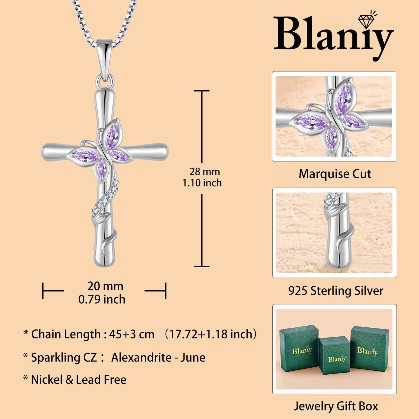 Blaniy Cross Necklace for Women 925 Sterling Silver Butterfly Necklace Alexandrite Pendant Necklaces June Birthstone Jewelry Gifts for Women