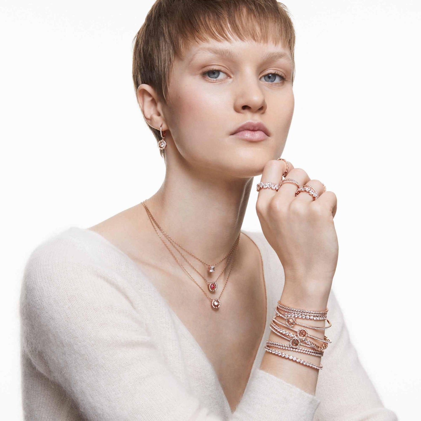 SWAROVSKI Una Pierced Drop Earrings with Dancing Crystal and Matching Pavé on a Rose-Gold Tone Finish Setting, Part of the Swarovski Una Collection