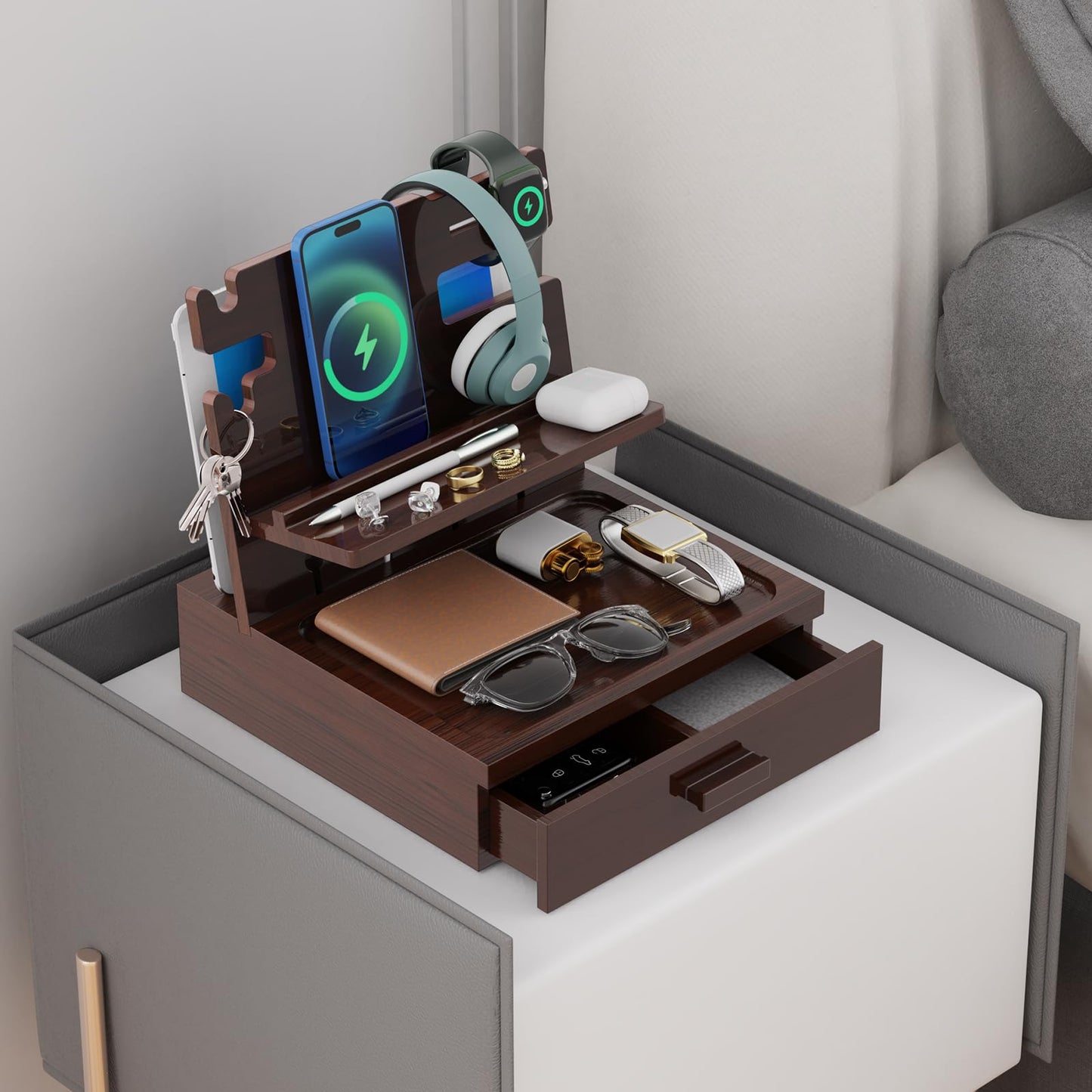 sandpaint Nightstand Organizer for Men with Drawer Wood Docking Station with USB Ports and AC Outlets, Gifts for Men, Holds Phone, Tablet, Keys, Glasses, Earphones Etc(Brown)
