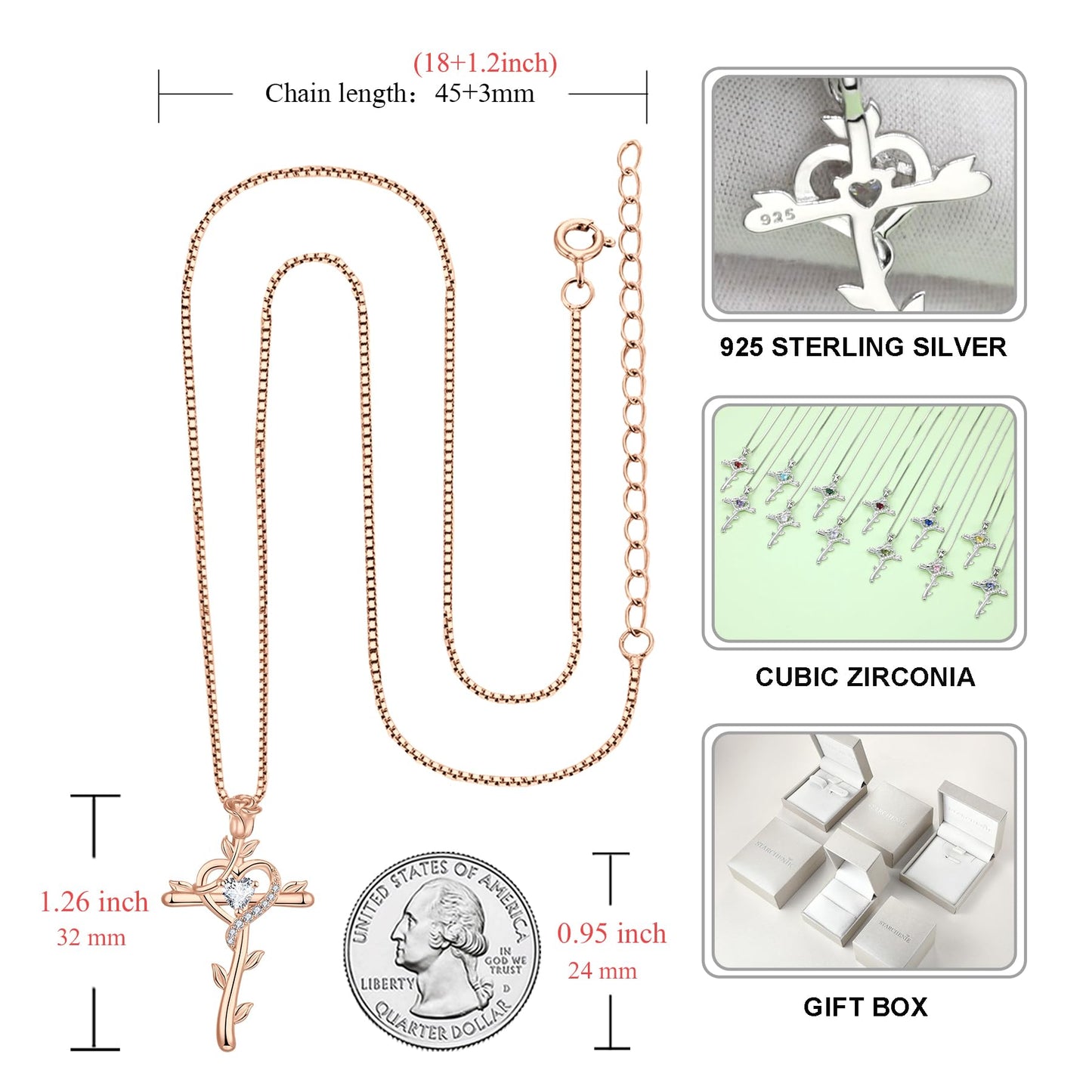 STARCHENIE Rose Cross Necklace, 925 Sterling Silver 14K Rose Gold Plated, Cubic Zirconia Heart Pendant, Crucifix Jewelry Gift for Women
