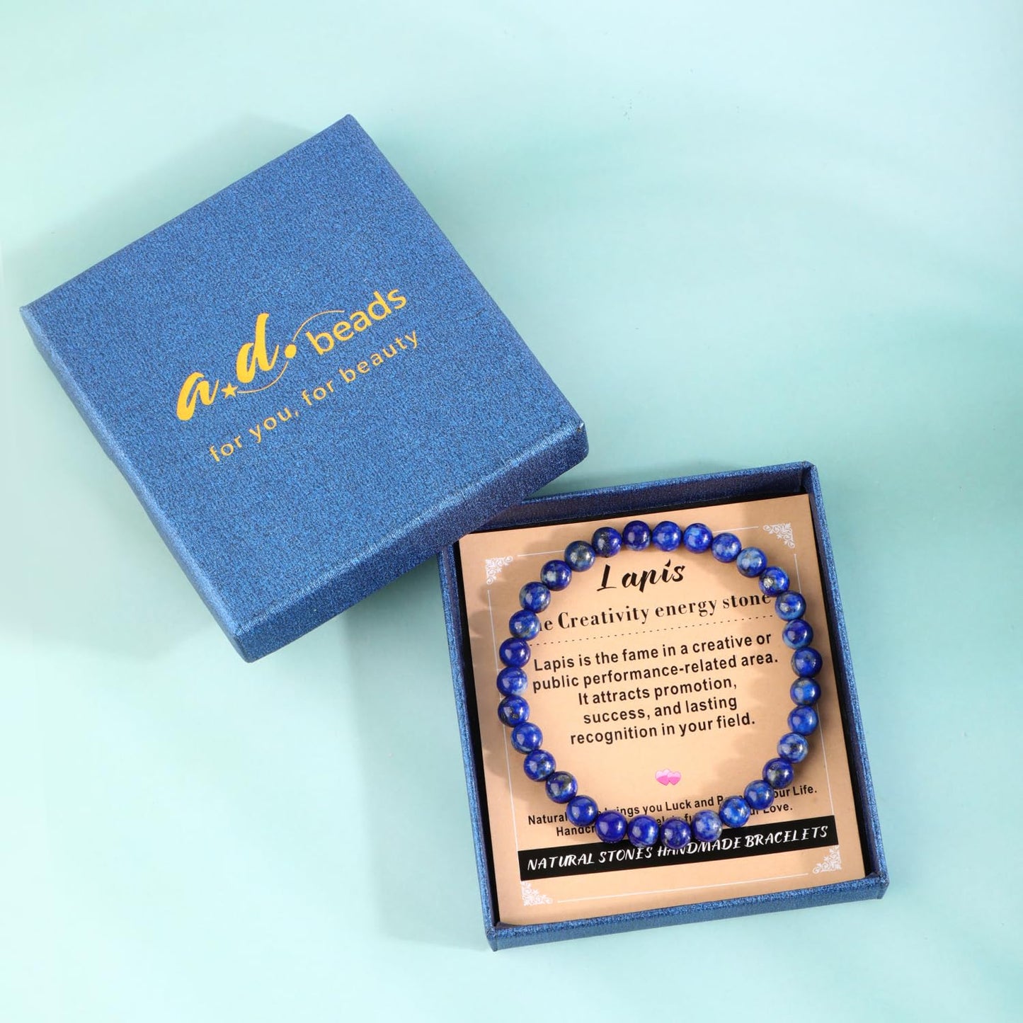 AD Beads 6mm Handmade Lapis Elastic Bracelet โ Natural Gemstone for Profession Success โ Meditation, Yoga, Healing and Energy Gift for Men Women