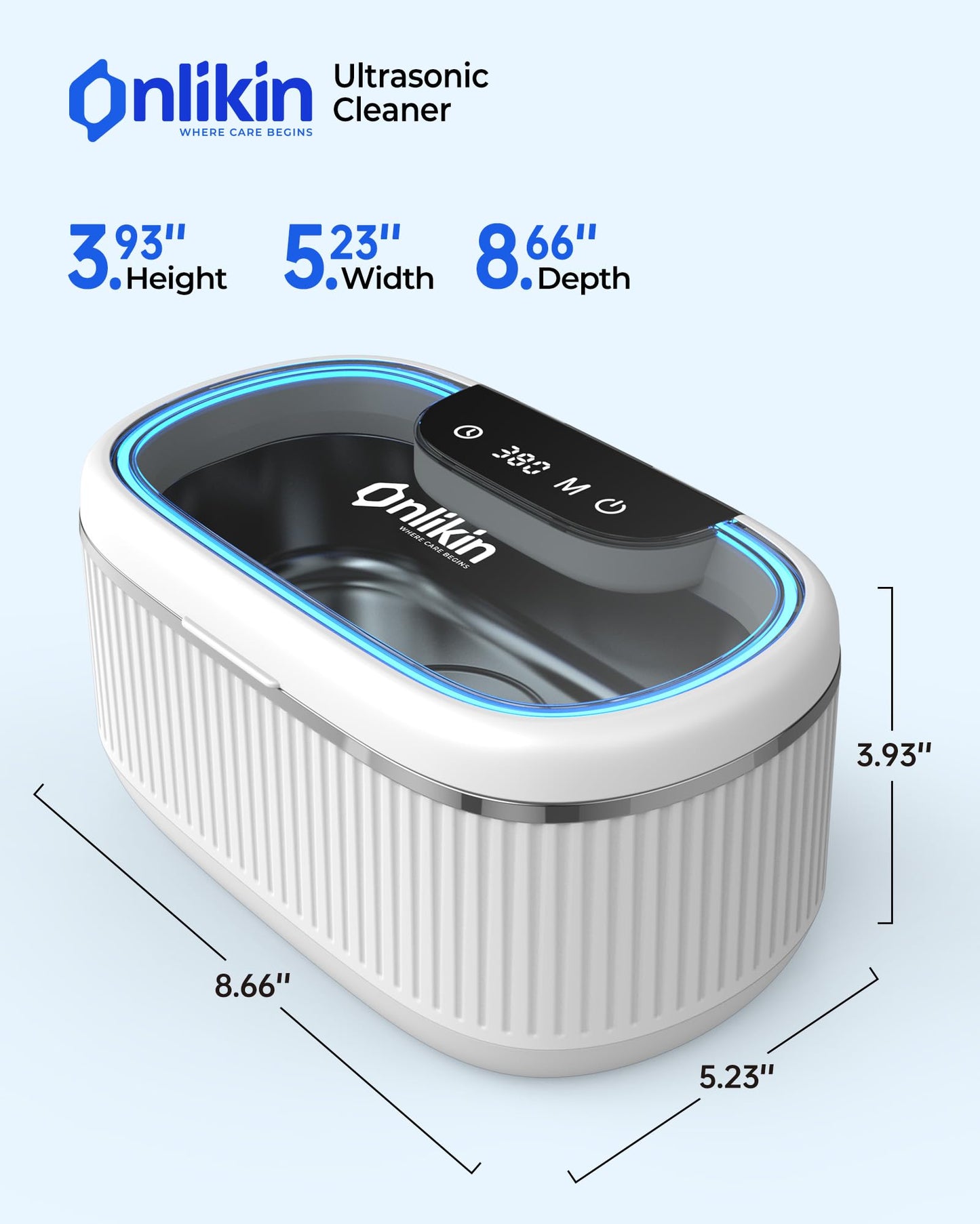 onlikin 35W Ultrasonic Jewelry Cleaner, 45KHz Retainer Cleaner for Jewelry, 5 Timer & 3 Power Modes, Eyeglasses, Rings, Watch Strap, Dentures - 20oz, 304 Stainless Steel Tank, Quiet <38dB (White)