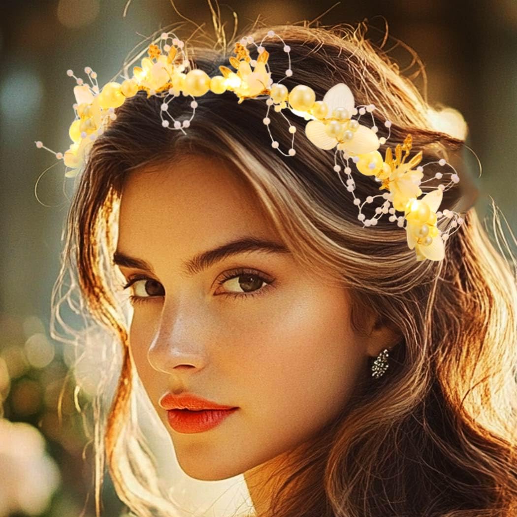 Zehope Light Up Flower Headbands LED Princess Pearl Floral Wreath Headpiece Bridal Wedding Garlands Hair Accessories for Women (White, Standard)
