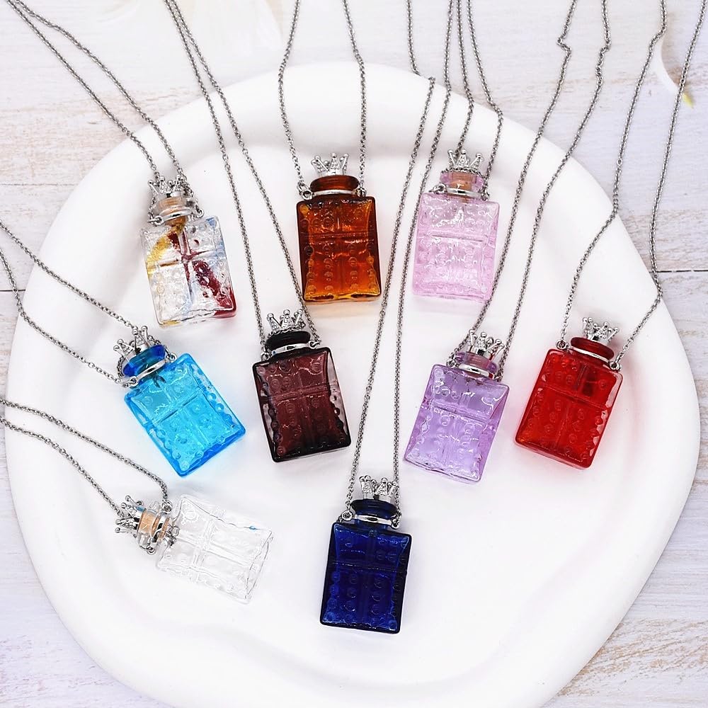 CoolDIY Handcrafted Glaze Glass Square Refillable Essential Oil Necklace Pendant - Aromatherapy Perfume Diffuser Pendant with Stainless Steel Chain (Clear)