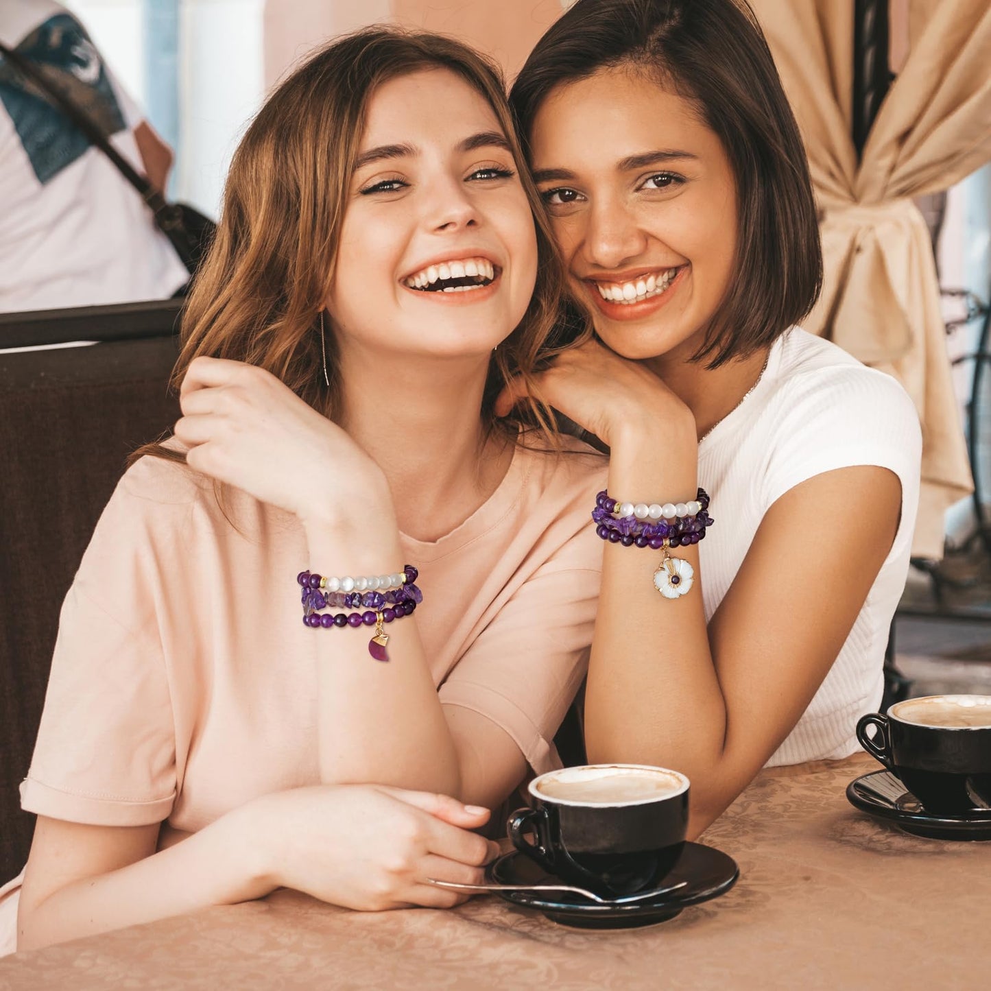 Vinswet Healing Crystal Beaded Bracelets for Women,Natural Amethyst Gemstones Bracelet,Anxiety Stress Relief Heart Charm Bracelet Handmade purple Jewelry Gifts for Women (Amethyst&Flower)