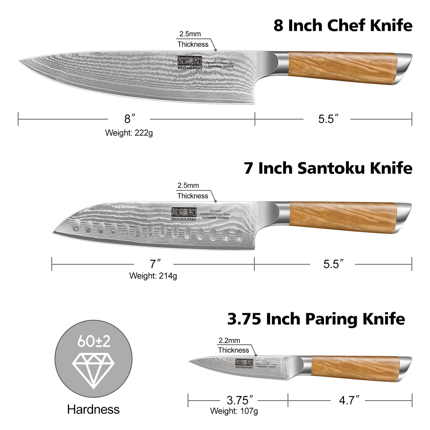 HOSHANHO Damascus Kitchen Knife Set 3-Piece, Ultra Sharp 8" Chef Knife, 7" Santoku Knife, 3.75" Paring Knife, Professional 10Cr15CoMoV Damascus Super Steel Chef Knife Set with Ergonomic Handle