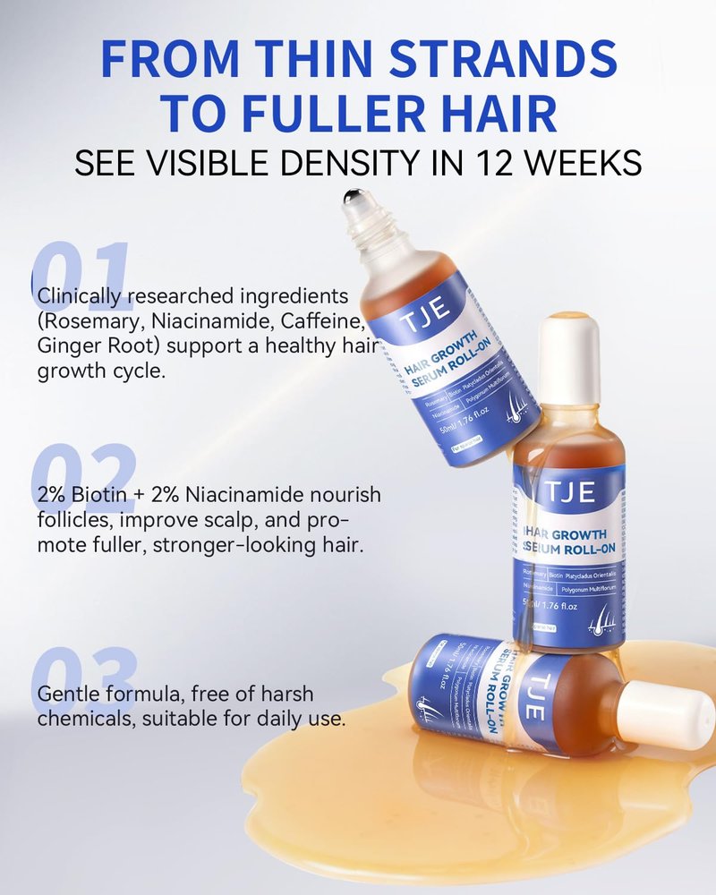Hair Growth Serum Roll On 1.76 fl oz | Extra Large Value Pack | Fast-Absorbing, No-Rinse Scalp Care | Rosemary, Caffeine, Niacinamide & Biotin | Mother’s Day Gift for Her