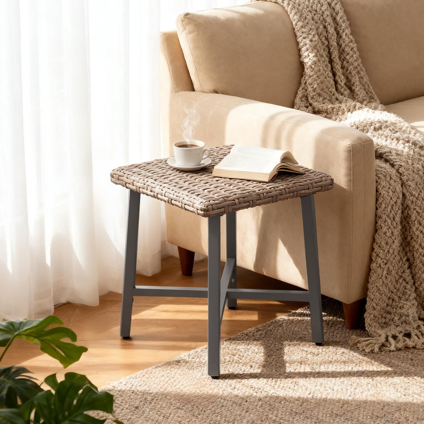 MOLIBYME Outdoor Wicker Side Table,Small Square End Table, Patio PE Rattan Side Table Adopt Sturdy Galvanized Steel Frame for Balcony Porch Deck (Brown)