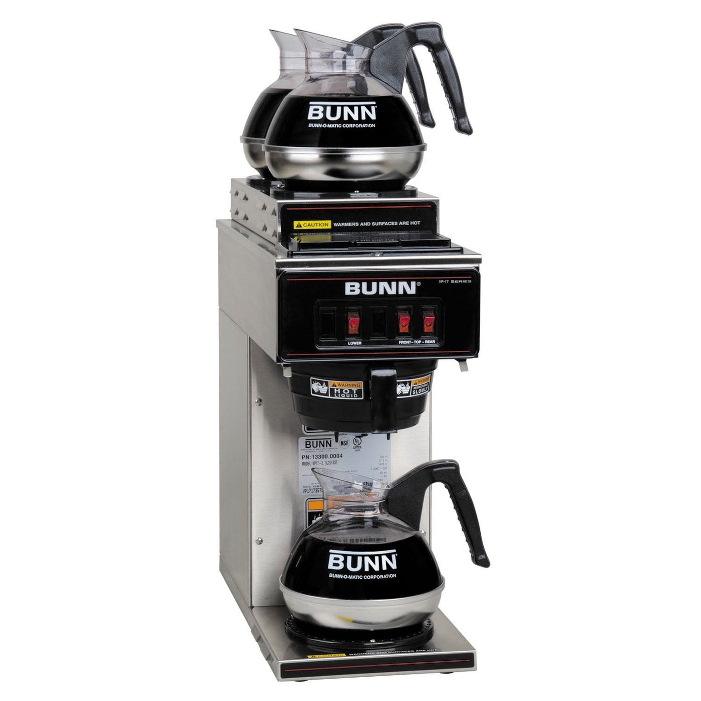 BUNN 13300.0004 VP17-3SS2U Pourover Commercial Coffee Brewer with One Lower and Two Upper Warmers, Stainless Steel