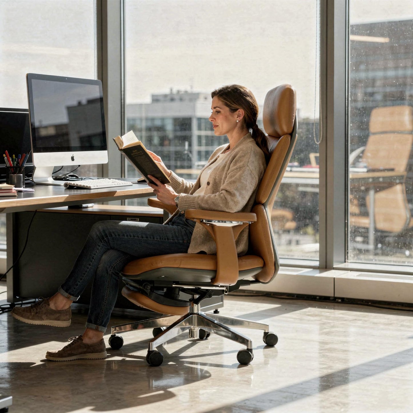 FurniBaron Genuine Leather Office Chair with Flexible Footrest, High Back Executive Office Chair with Lumbar Support, Adjustable Tilt Mechanism, Weight Capacity 400 lbs (Brown)