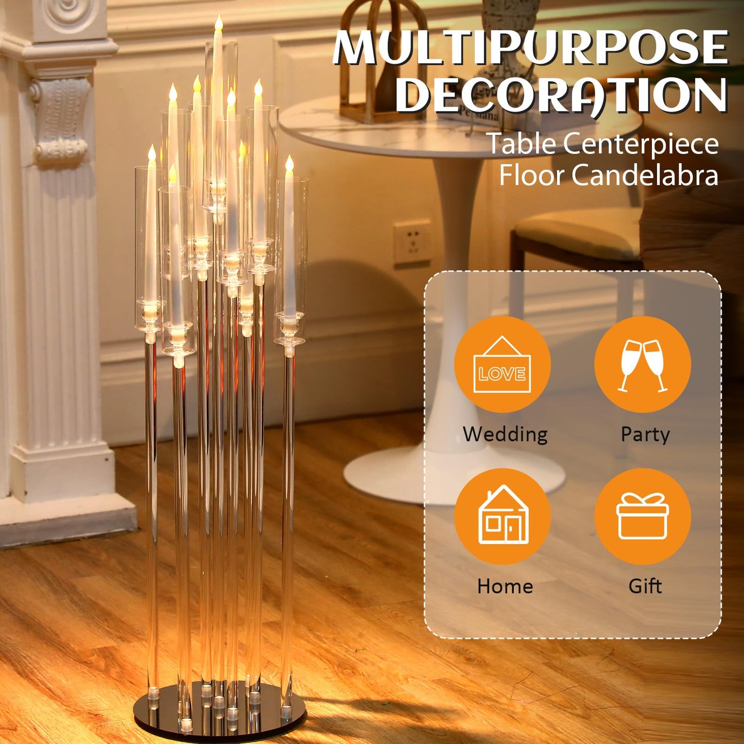 Tessco 4 Pcs 9 Arm 42.5" Acrylic Candelabra Table Centerpiece Floor Candelabras Clear Candle Holder with Removable Lampshade Wedding Candelabra Centerpiece Fit 0.8 LED"