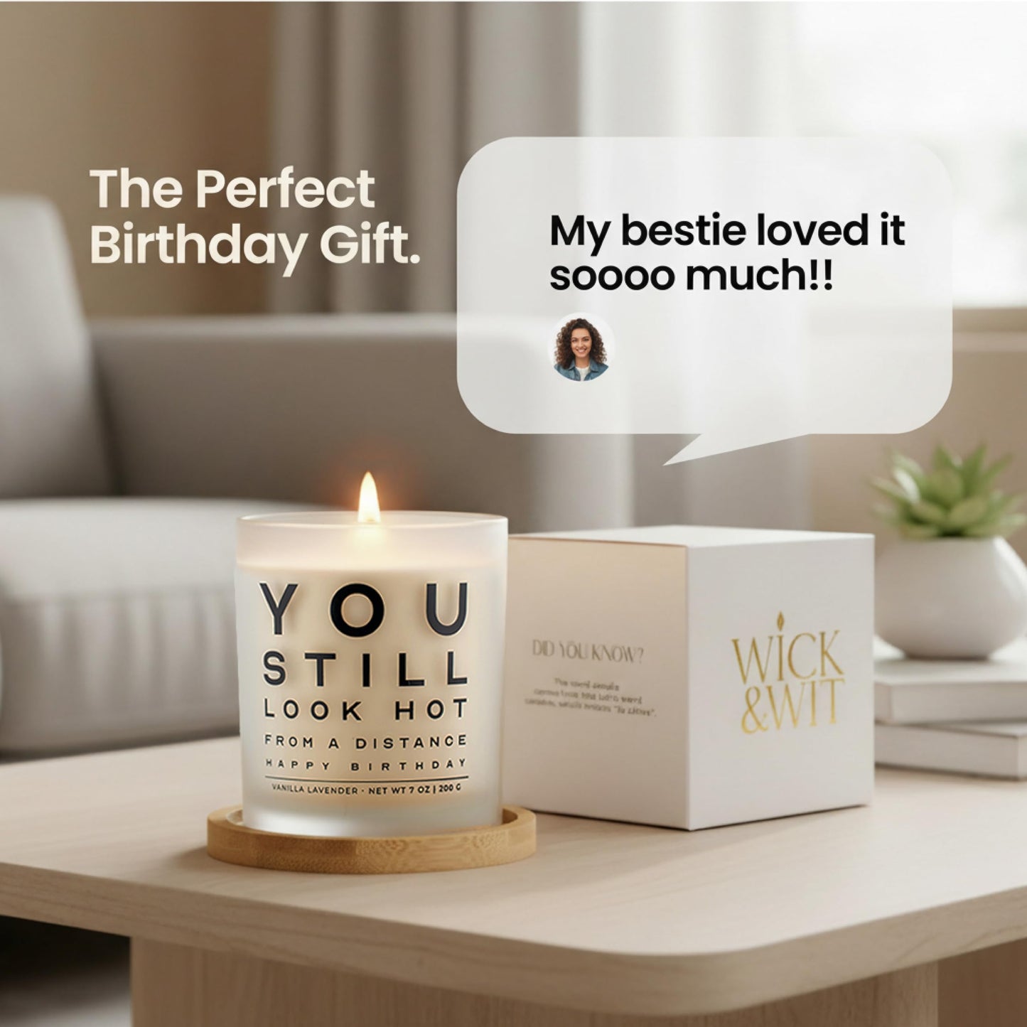 Funny Birthday Gifts for Women You Still Look Hot from a Distance Gift Set Playful Gifts for Friend Sister Coworket BFF Vanilla Lavender Soy, 50+ Hour Burn, Ready to Gift Box by Wick and Wit