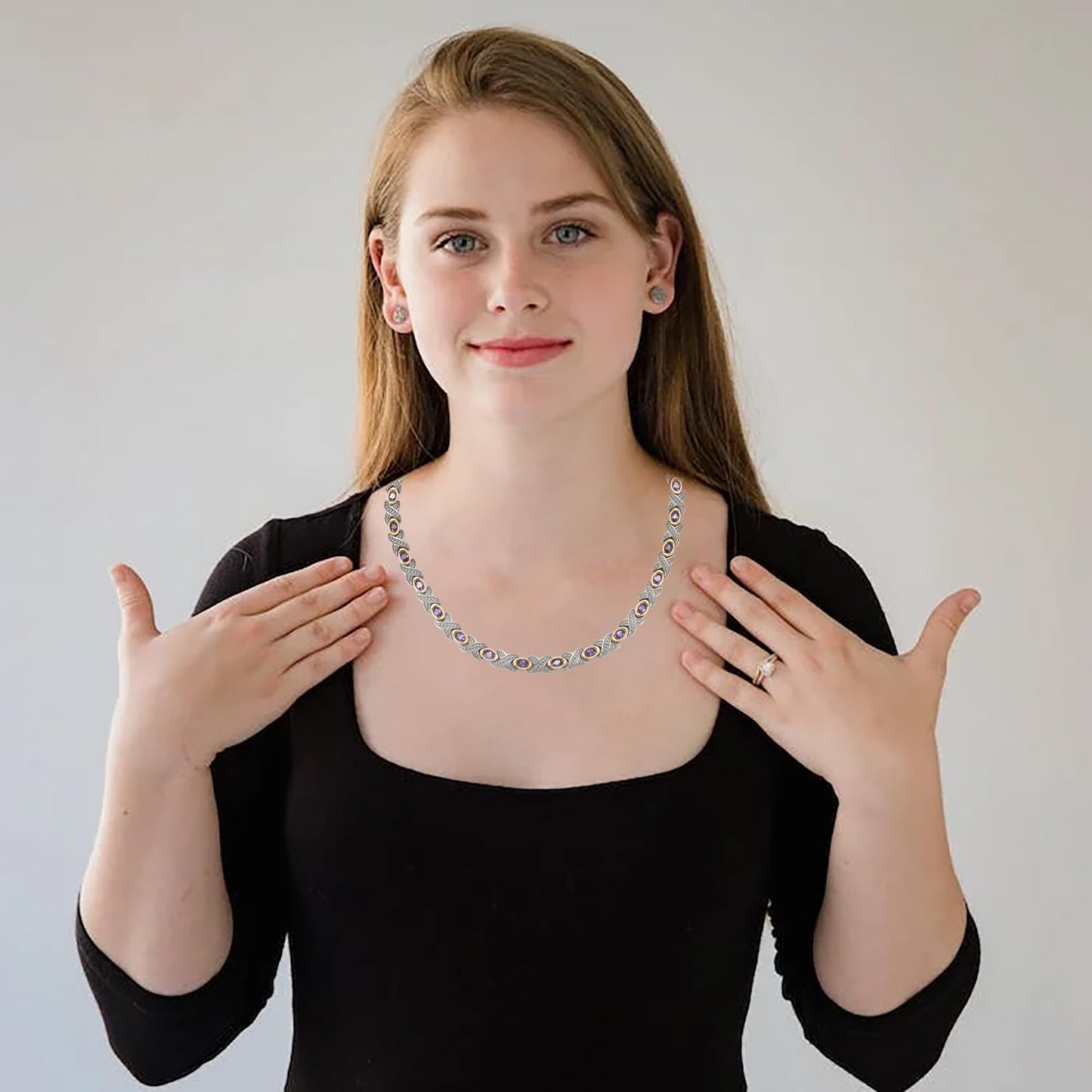 MagsøLv Titanium Magnetic Necklace for Women, Pure Titanium with Purple Stone with 25 Magnets, Magnetic Jewelry Gifts(20.5inch)