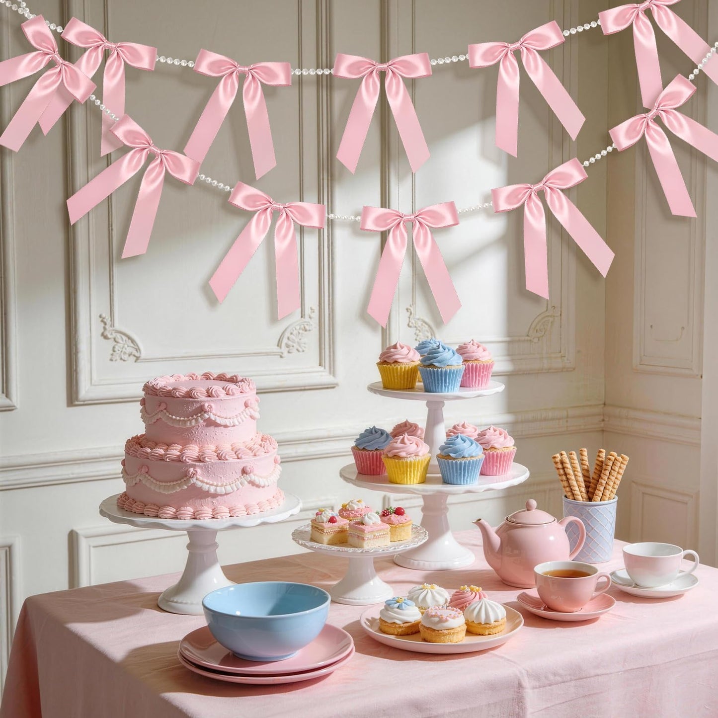 2 Strings Pink Bow Garland Banner, Pre-Strung Satin Ribbon with 6.5ft Pearl Chain for Coquette Birthday, Bridal Shower, Bachelorette Party, Baby Shower, Engagement, Graduation & Anniversary Decor