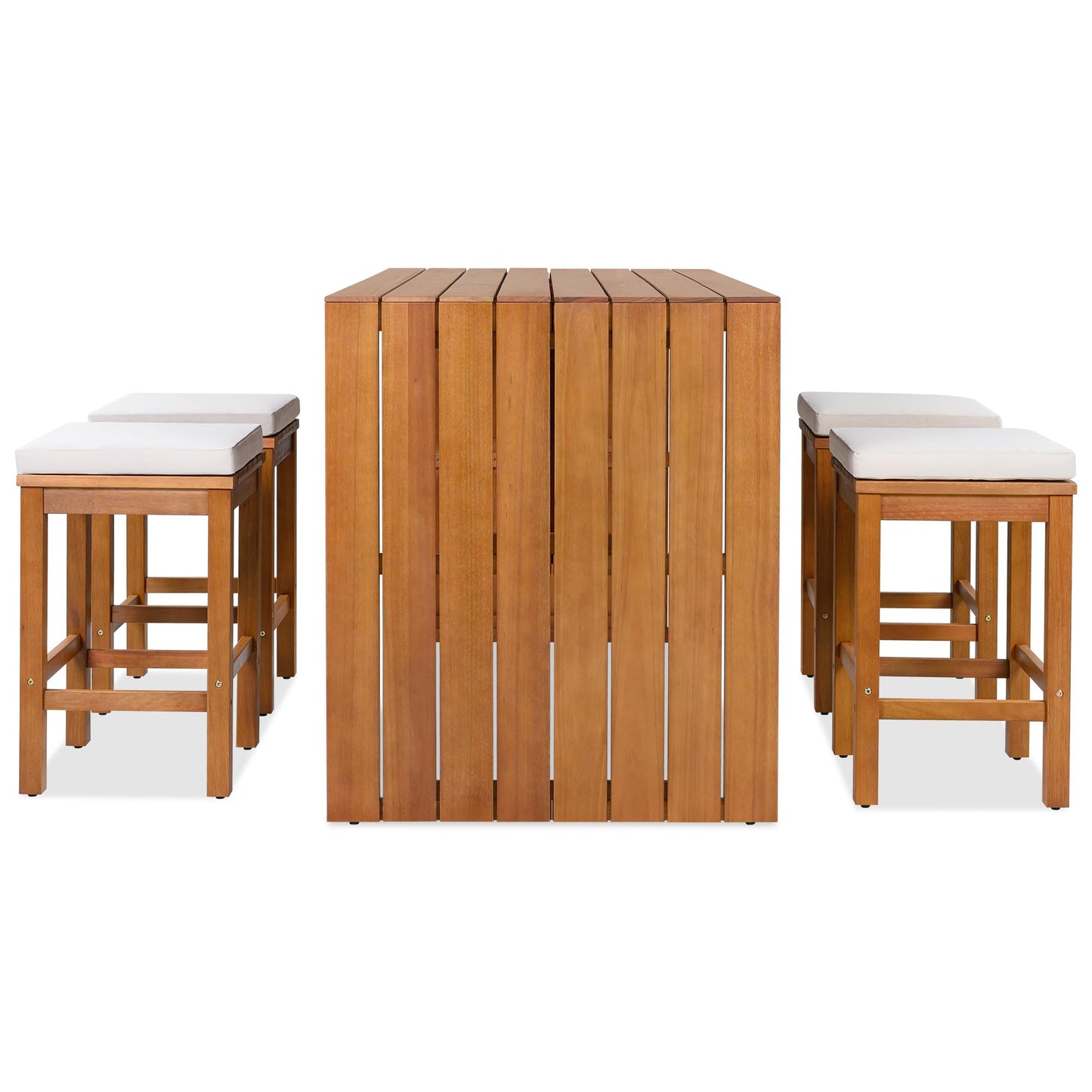GDFStudio 5 Piece Outdoor Bar Table Set with 4 Stools, Patio Acacia Wood Bar Height Dining Furniture with Cushions, Natural Wood Counter Height Table & Chairs for Backyard, Balcony, Garden, Poolside