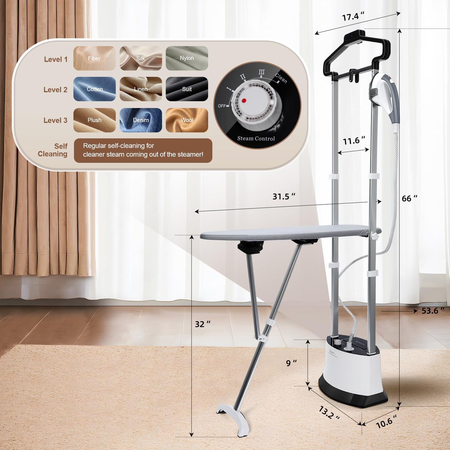 ARSFUTU Professional Heavy Duty Full-Size Standing Garment 25s Fast Heat-up with 1.6L/54 fl.oz Water Tank, Self-cleaning Function, Foldable Ironing Board, Ironing Gloves