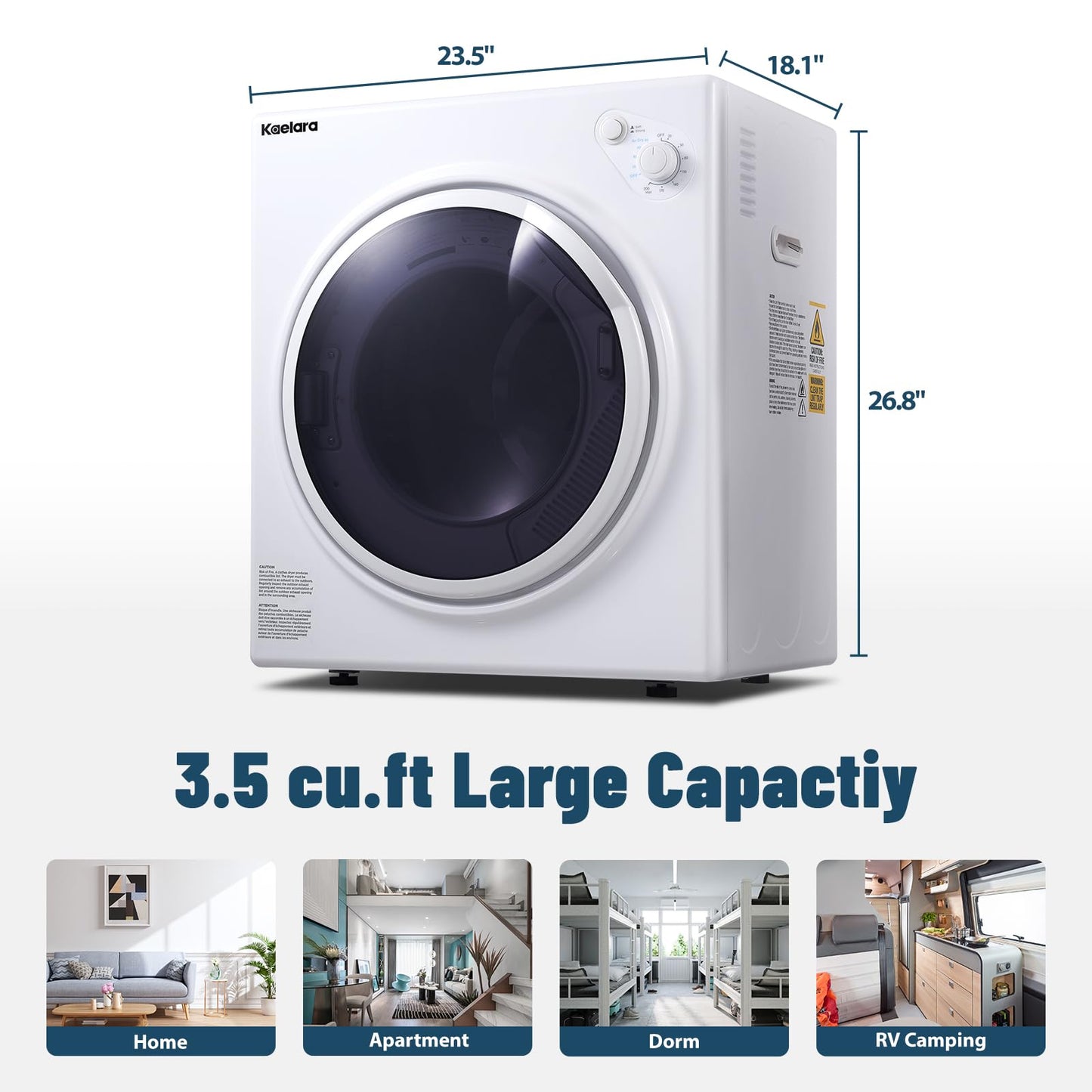 Kaelara Portable Dryers for Laundry 15000W, 3.5 Cu.ft Portable Clothes Dryer with Stianless Steel Tub, Front Load Clothes Dryer Machine for Home, Apartment, 4 Dring Mode, Auto-shutt off, White
