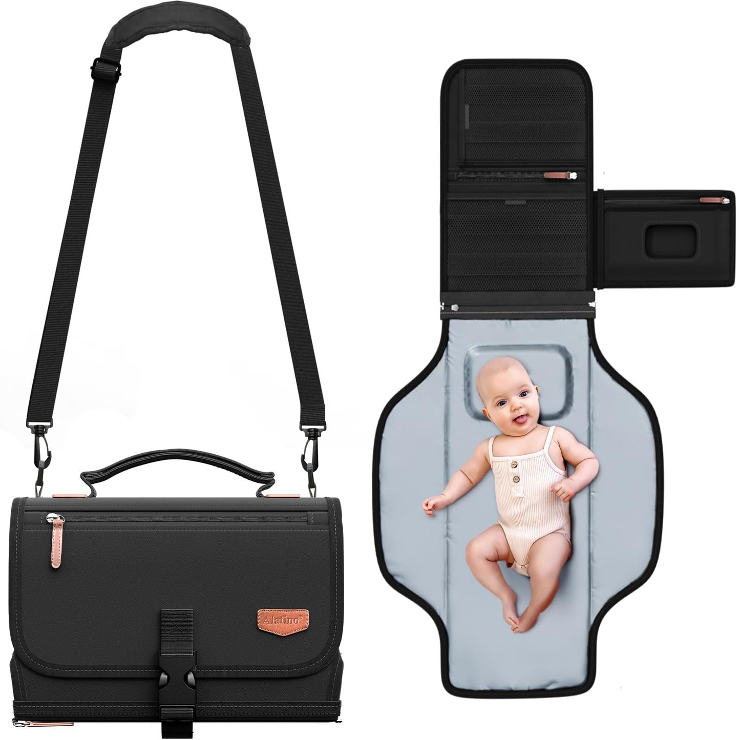 Portable Diaper Changing Pad with Shoulder Strap, Detachable Travel Changing Pad with Baby Wipes Pocket, Gifts for Baby Shower, Newborn Girls and Boys (Black)